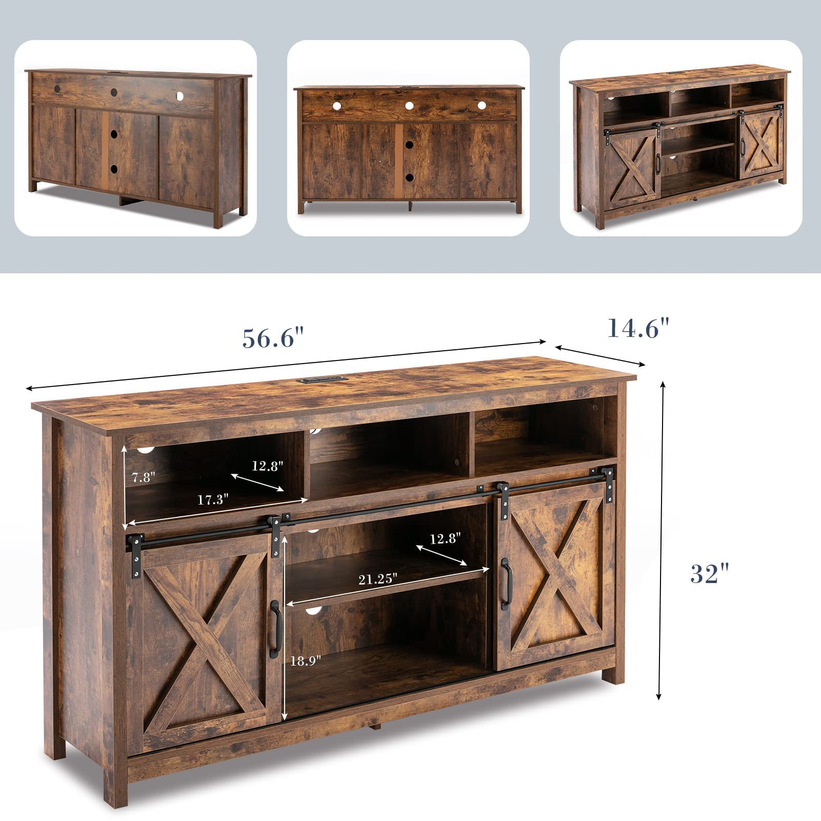 Rustic Farmhouse Coffee Bar Cabinet with Sliding Barn Door & Power Outlet - Buffet Server Sideboard Storage Cupboard for Dining Room, Kitchen, Entryway - Perfect for Coffee Stations, Home Bars & Kitchen Organization (Rustic Brown)