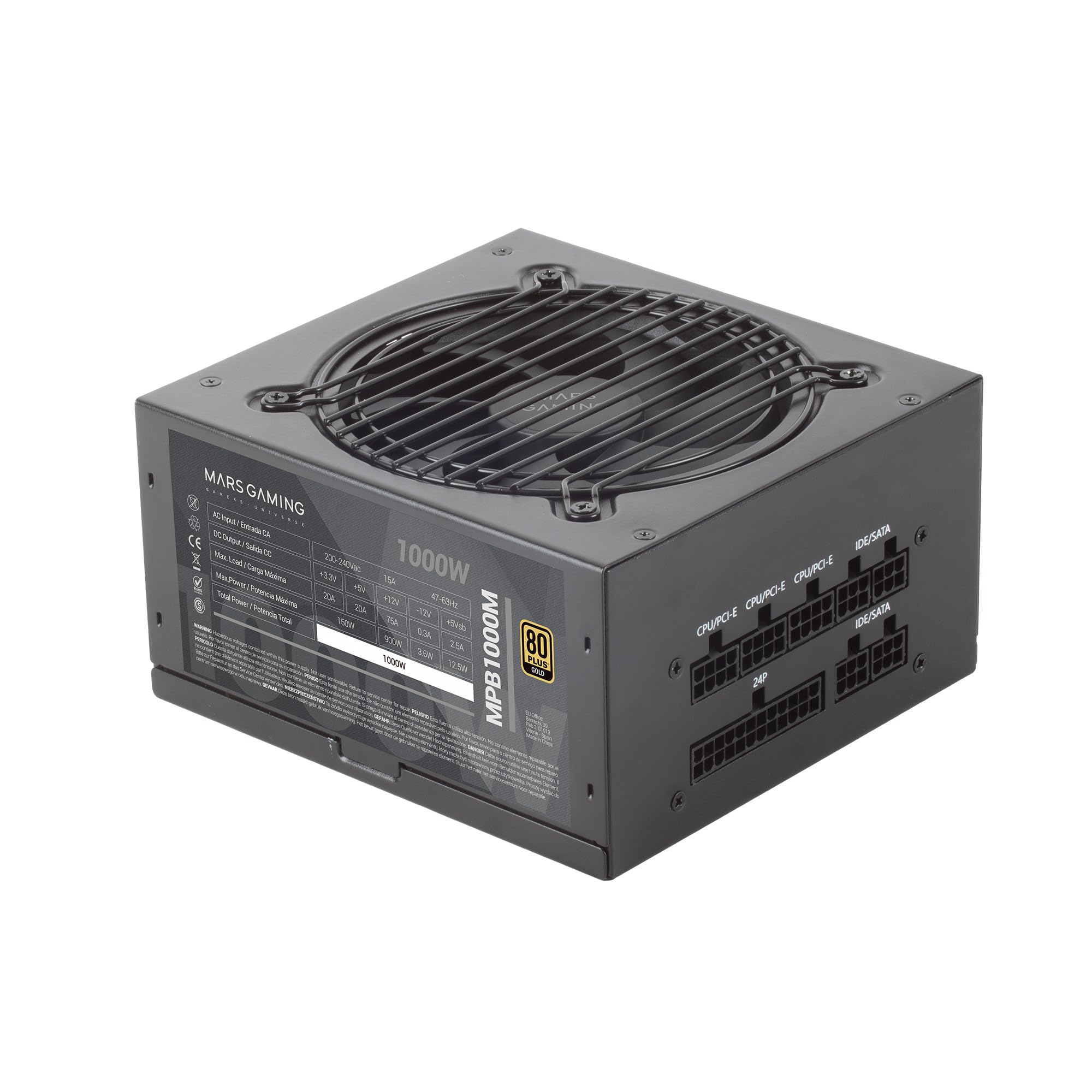 Mars Gaming MPB1000M 1000W 80 Plus Gold Certified Fully Modular Power Supply - Black | High Efficiency PC Gaming PSU for Custom Builds & Workstations