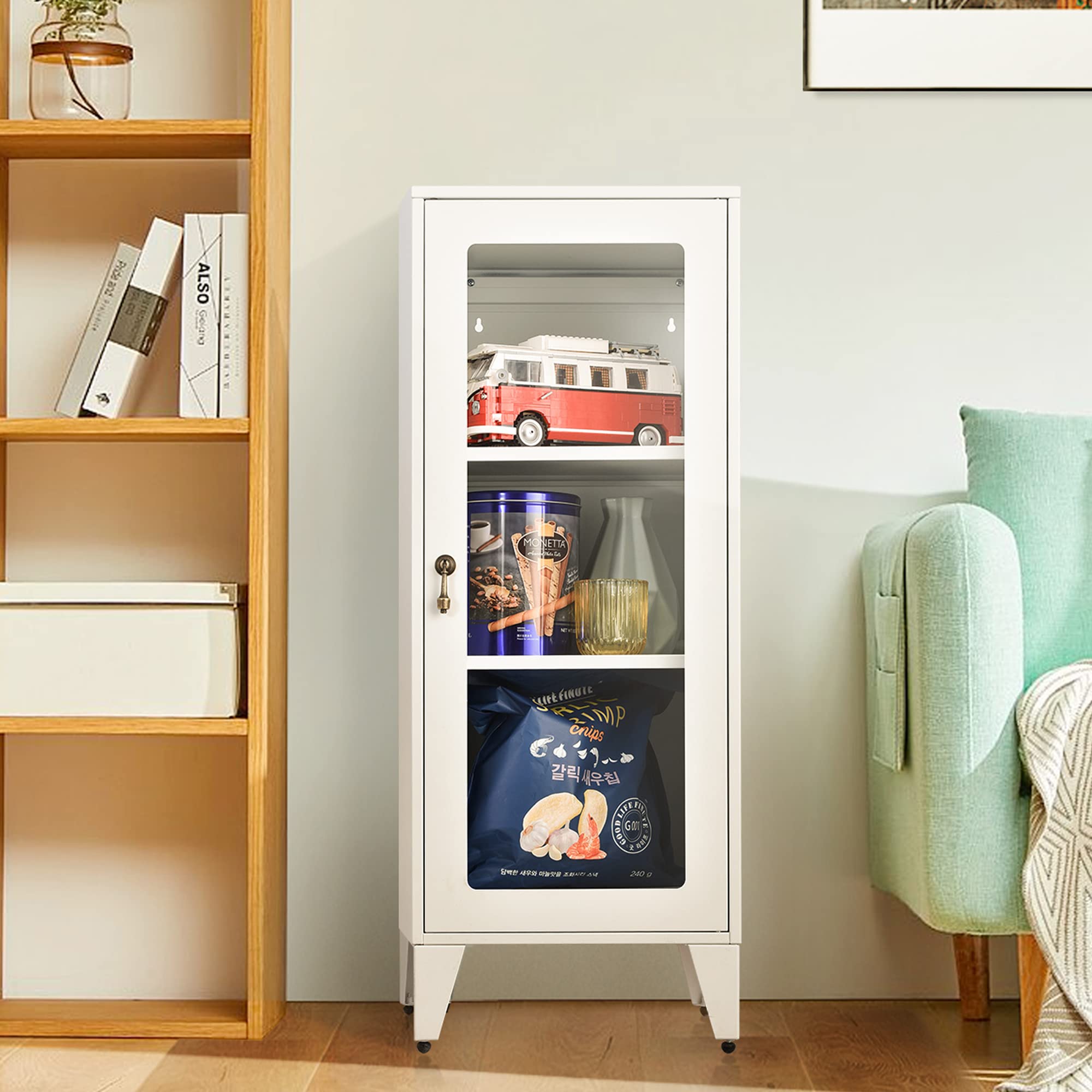 **White Acrylic Door File Storage Cabinet with Adjustable Shelves - Vertical Metal Filing Cabinet for Office, Home, Bedroom & Living Room - Perfect for Organizing Documents, Books & Supplies**