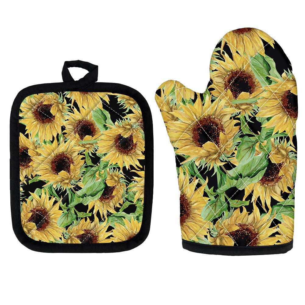 **Sunflower Oven Mitts and Pot Holders Set - Heat Resistant, Non-Slip, Food Grade Kitchen Gloves for Cooking, Baking & BBQ - Perfect for Grilling, Baking Bread & Handling Hot Dishes**