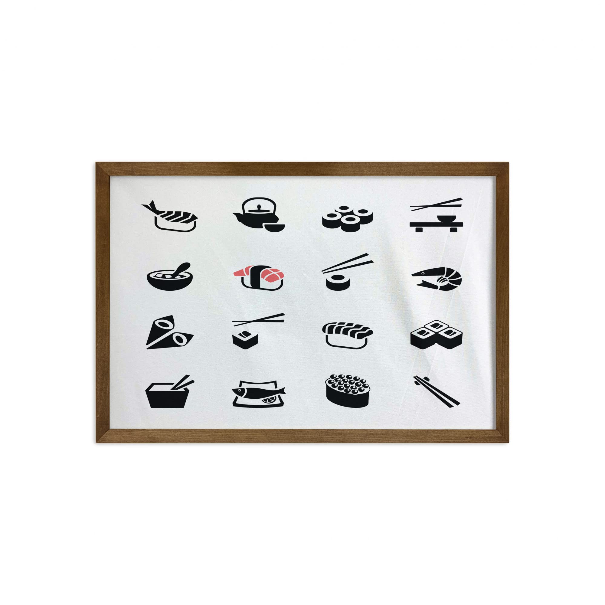 Ambesonne Minimalist Sushi Wall Art - Japanese Cuisine Print with Miso Soup, Shrimp & Tuna Roll - Black White Coral Fabric Decor with Teak Wood Frame (35x23 Inches) - Perfect for Home, Office & Dorm Room Decoration