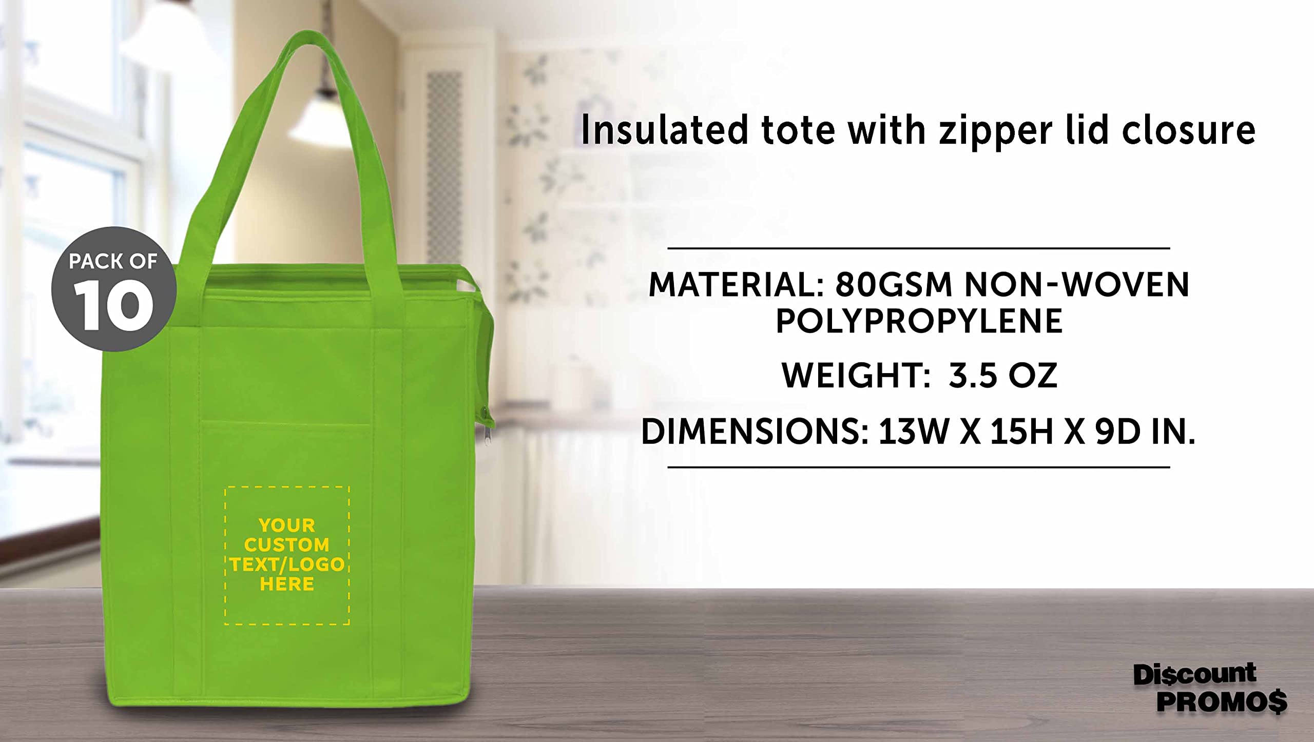 Custom Non-Woven Insulated Reusable Tote Bags - Bulk Pack of 10 Personalized Grocery Bags for Picnic, Camping, Beach & Outdoor Activities - Eco-Friendly Lime Green Shopping Bags for Groceries, Market & Travel
