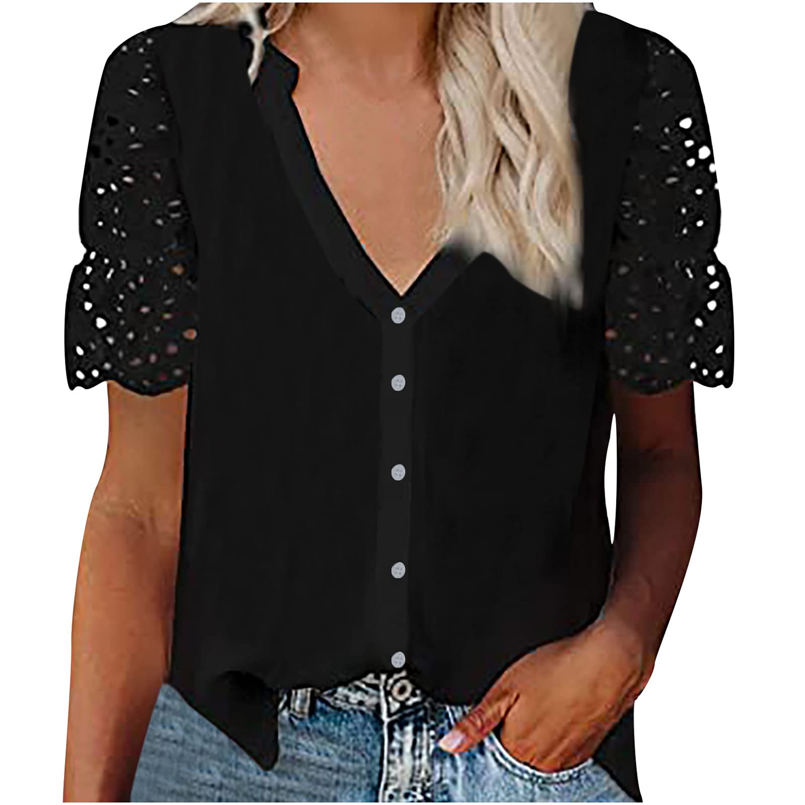 Plus Size Women's V-Neck Lace Crochet Eyelet Short Sleeve Casual Blouse - Trendy Soft Blue Top for Everyday Wear & Summer Outfits