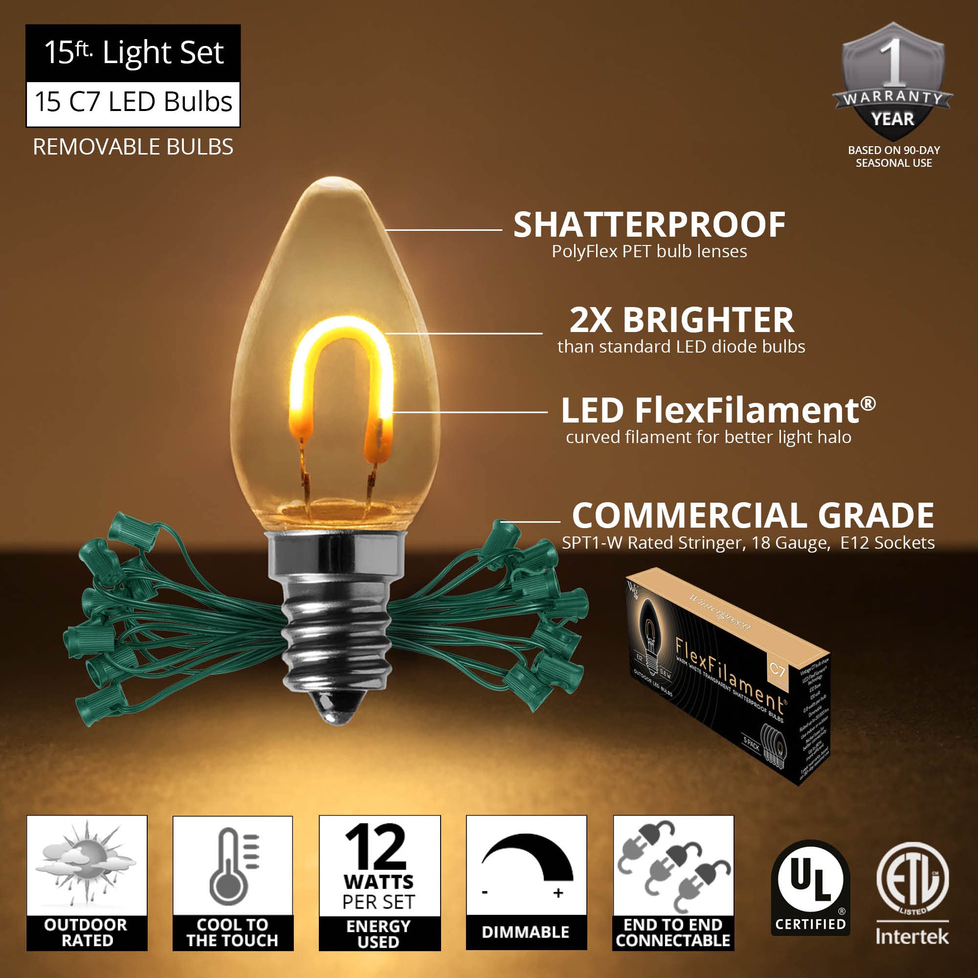 15' Shatterproof C7 LED Christmas Lights Outdoor - Warm White Edison Bulb String Lights for Balcony, Patio, Garden & Holiday Decorations (Waterproof & Durable) - Perfect for Christmas Tree, Window, Railing & Outdoor Party Lighting
