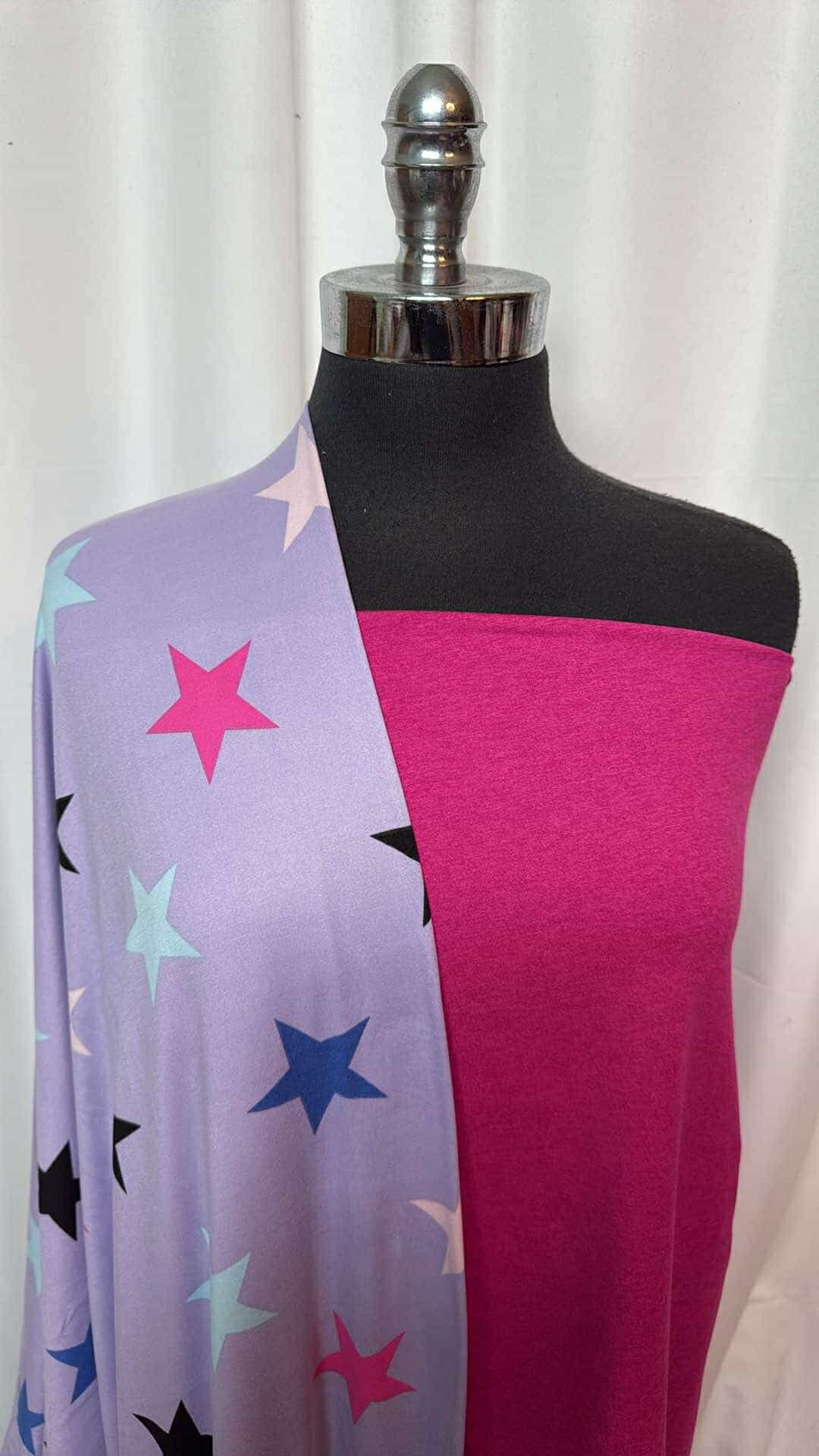 1+ Yard Magenta Peached Polyester Fabric & 2 Yards Lilac Star Double Brushed Polyester Bundle (A26898) - Perfect for DIY Dresses, Scrunchies, and Home Decor Projects
