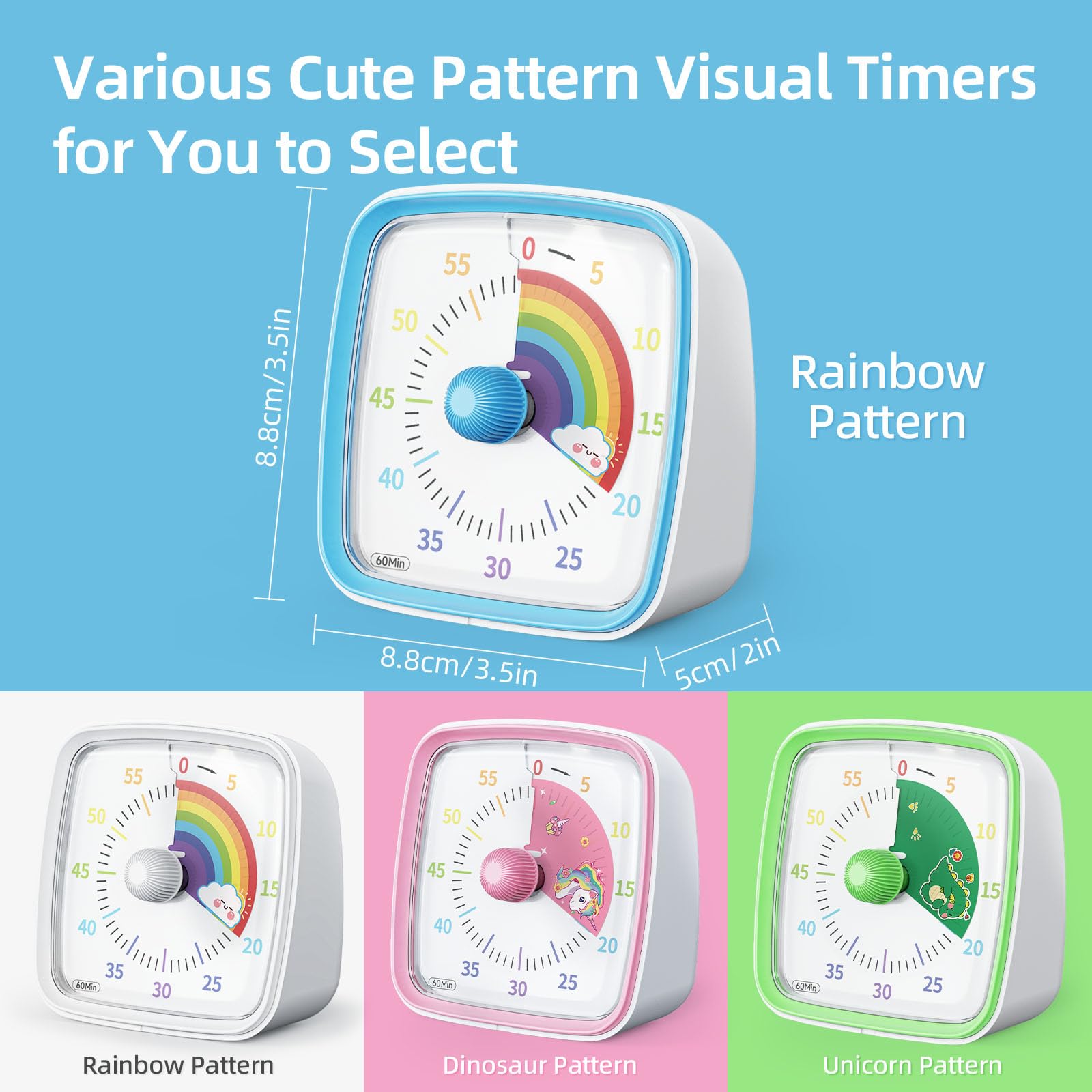 60-Minute Visual Timer with Night Light - Countdown & Pomodoro Timer for Classroom, Home, Kitchen, Office - Rainbow Pattern Kids & Adults Study Timer (Blue) - Perfect for Time Management, Homework, Cooking & Productivity Tasks