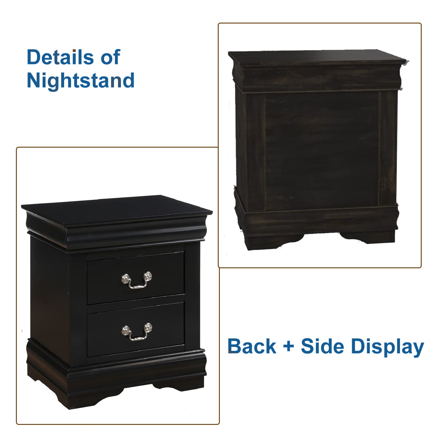 Henf Nightstand with 2 Drawers - Traditional Rectangular Bedside Table with Metal Ring Handles, Solid Wood Nightstand for Bedroom Furniture (Black) - Perfect for Small Spaces, Apartment Living & Guest Rooms