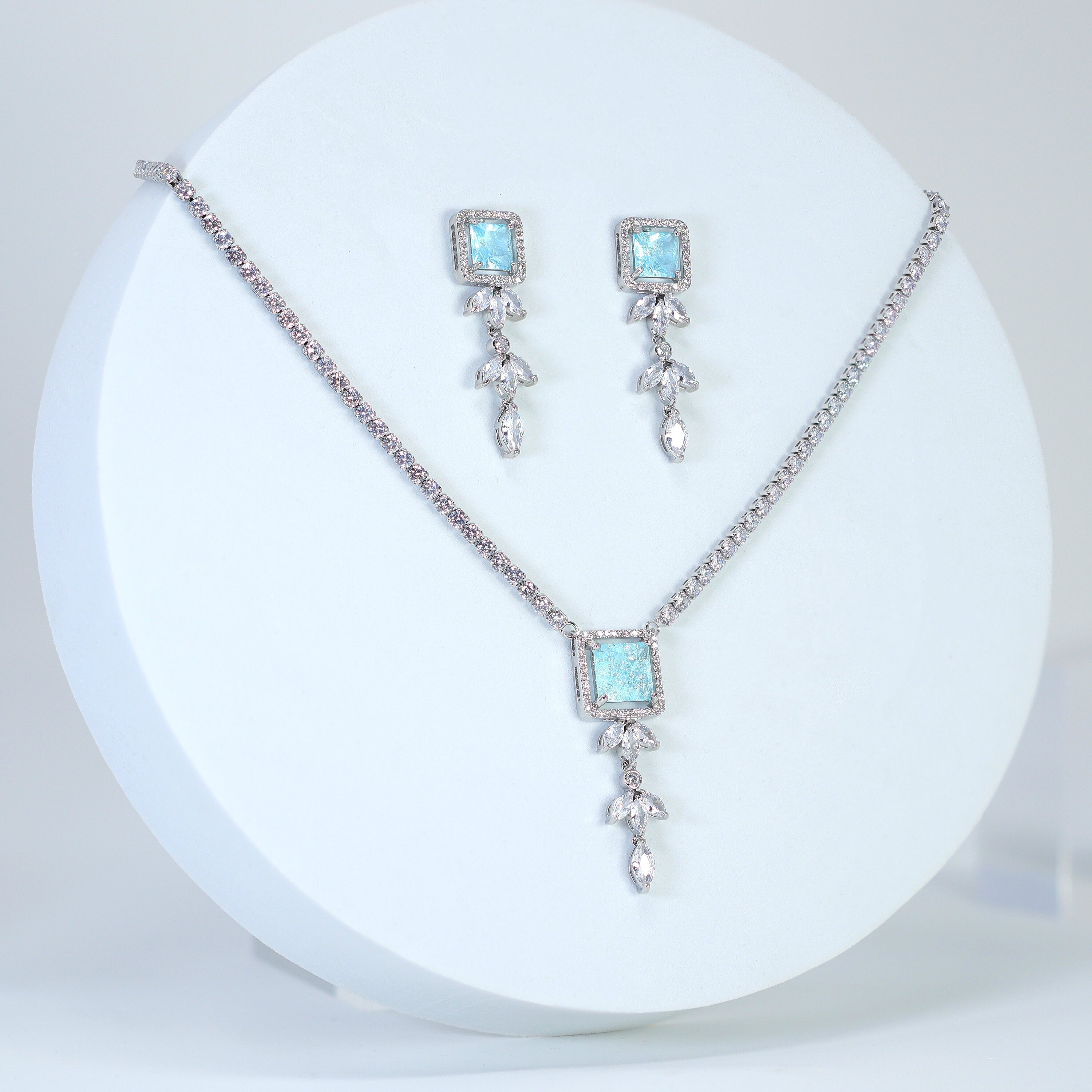 Light Icy Blue Zircon Diamond Crystal Drop Necklace Set - Luxury Bridal Jewelry for Weddings, Anniversaries & Special Occasions | Elegant Statement Necklace for Brides, Prom & Evening Events