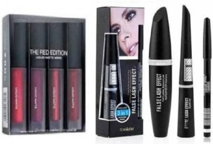 YRDECHA Liquid Matte Mini Lipstick Set - Red Edition (6ml) with 3-in-1 Eyeliner, Mascara & Eyebrow Pencil | 7-Piece Makeup Kit for Party, Date Night & Everyday Wear