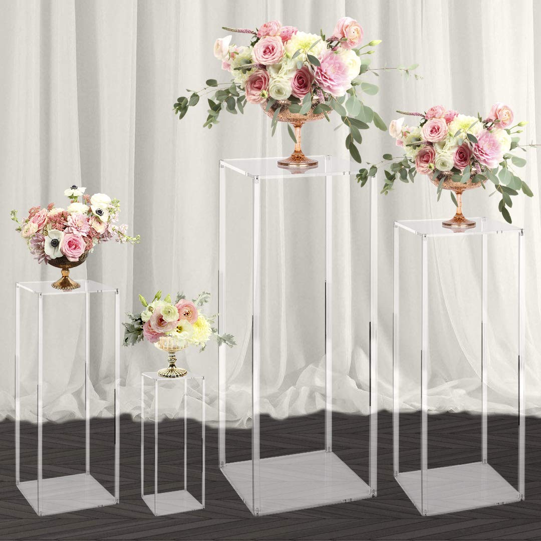 Koyal Wholesale Clear Acrylic Tall Floral Stands - Set of 4 Modern Lucite Pedestal Display Stands for Wedding Centerpieces, Birthday Party Decor, Anniversary Arrangements & Home Decor