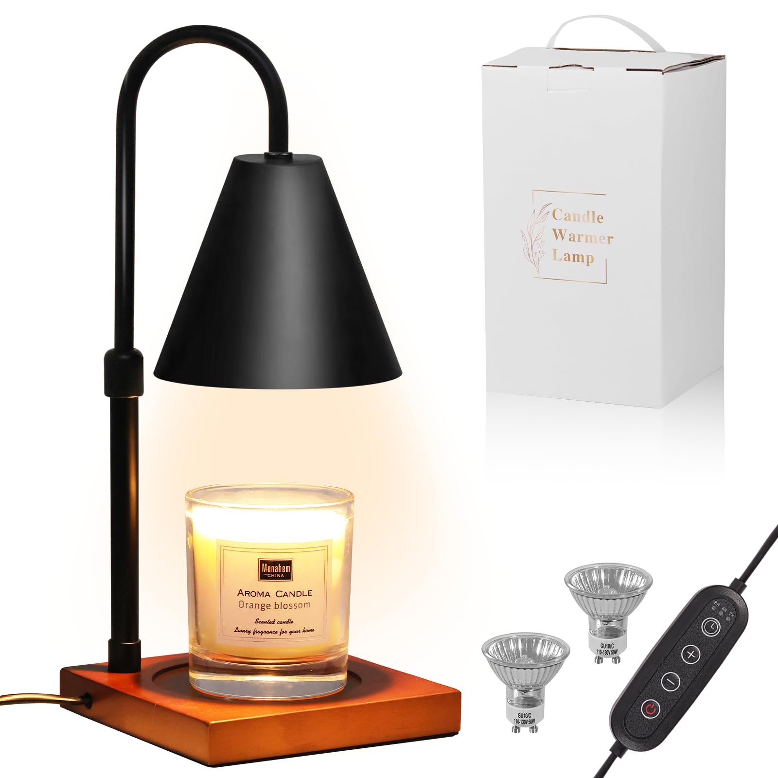 Electric Candle Warmer Lamp with Timer & Dimmable Function - Adjustable Height Wax Melter for Jar Candles & Scented Wax - Includes 2 Bulbs - Perfect for Home Decor, Bedroom Aromatherapy & Gifts for Mom (Black)