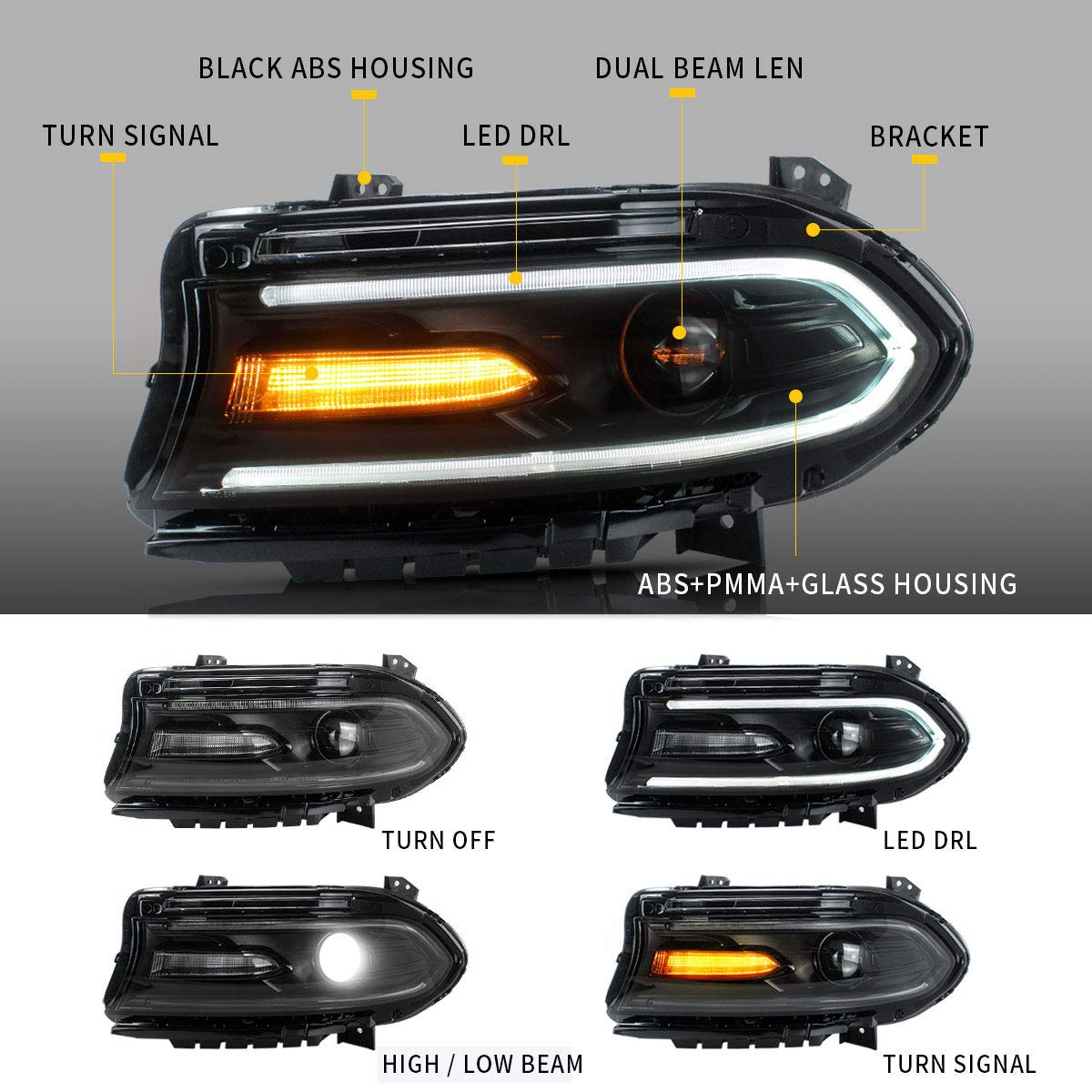 VLAND 9005 LED Headlights Assembly with Dual Beam Lens & DRL - Compatible for Dodge Charger 2015-2020 (Left Side) - High Performance Projector LED Front Lamps for Night Driving & Enhanced Visibility