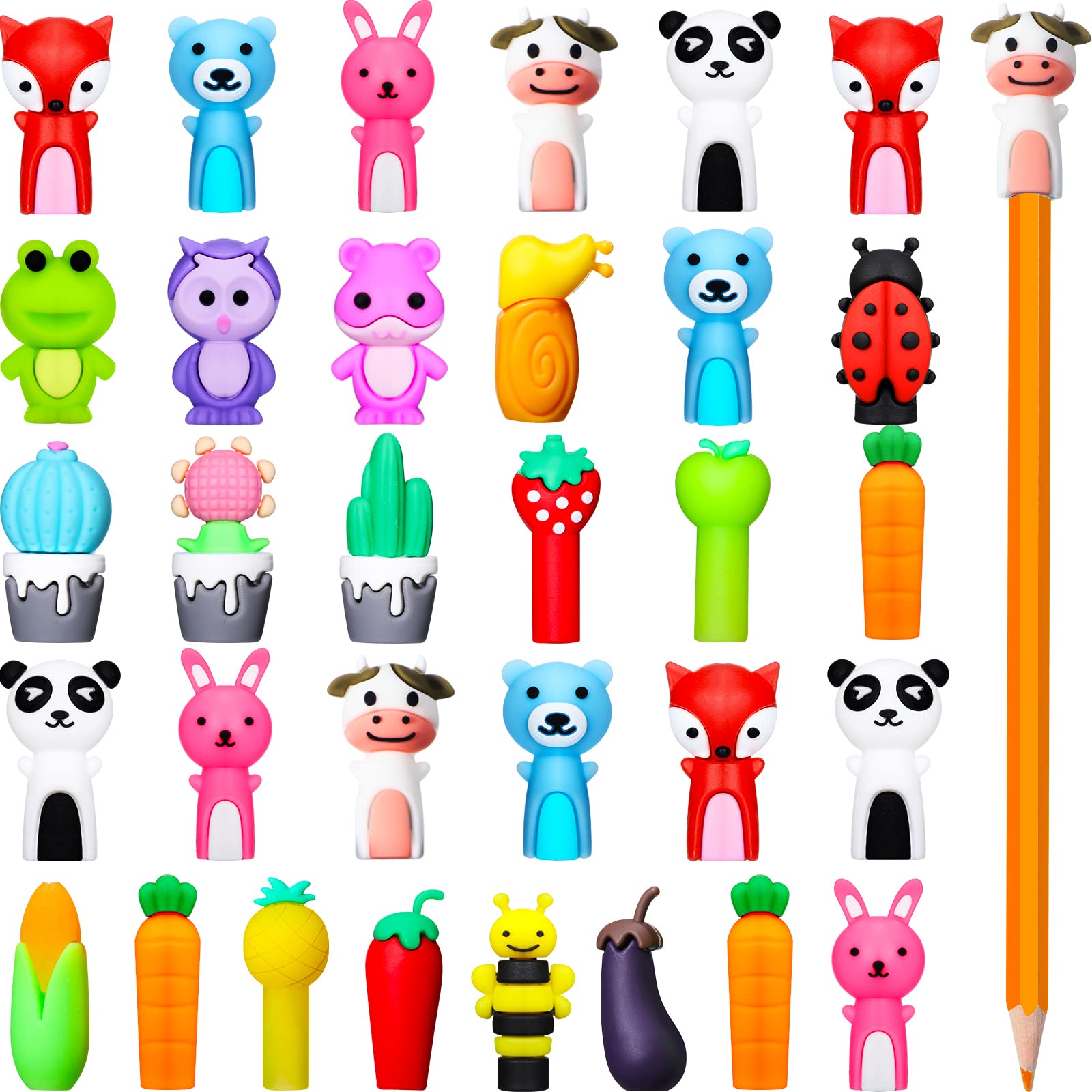 36 Pieces Animal Pencil Toppers - Cow, Carrot, Rabbit, Panda Bear Pen Toppers for Kids, Classroom Prizes, School Supplies & Party Favors - Fun Writing Accessories for School, Office & Birthday Gifts
