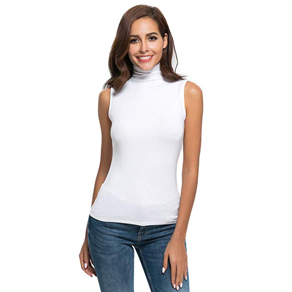 Women's Slim Fit Cropped Turtleneck Tank Top - Sleeveless Solid Blouse for Casual Wear & Layering | White Summer Tee for Outfits, Beach & Everyday Fashion