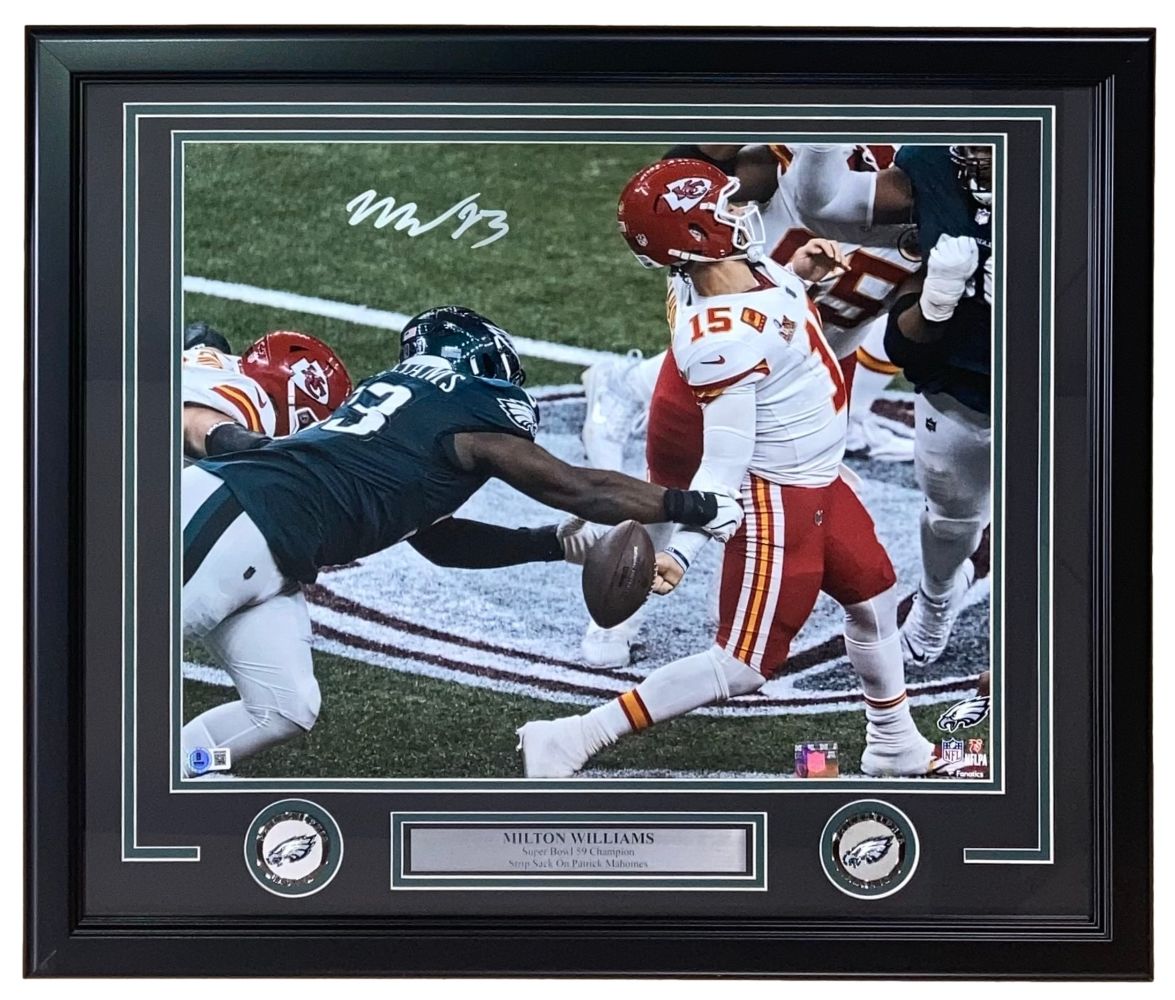Milton Williams Autographed Framed 16x20 Philadelphia Eagles Super Bowl 59 Mahomes Strip Sack Photo - Perfect for Eagles Fans, Sports Memorabilia Collectors & Man Cave Decor