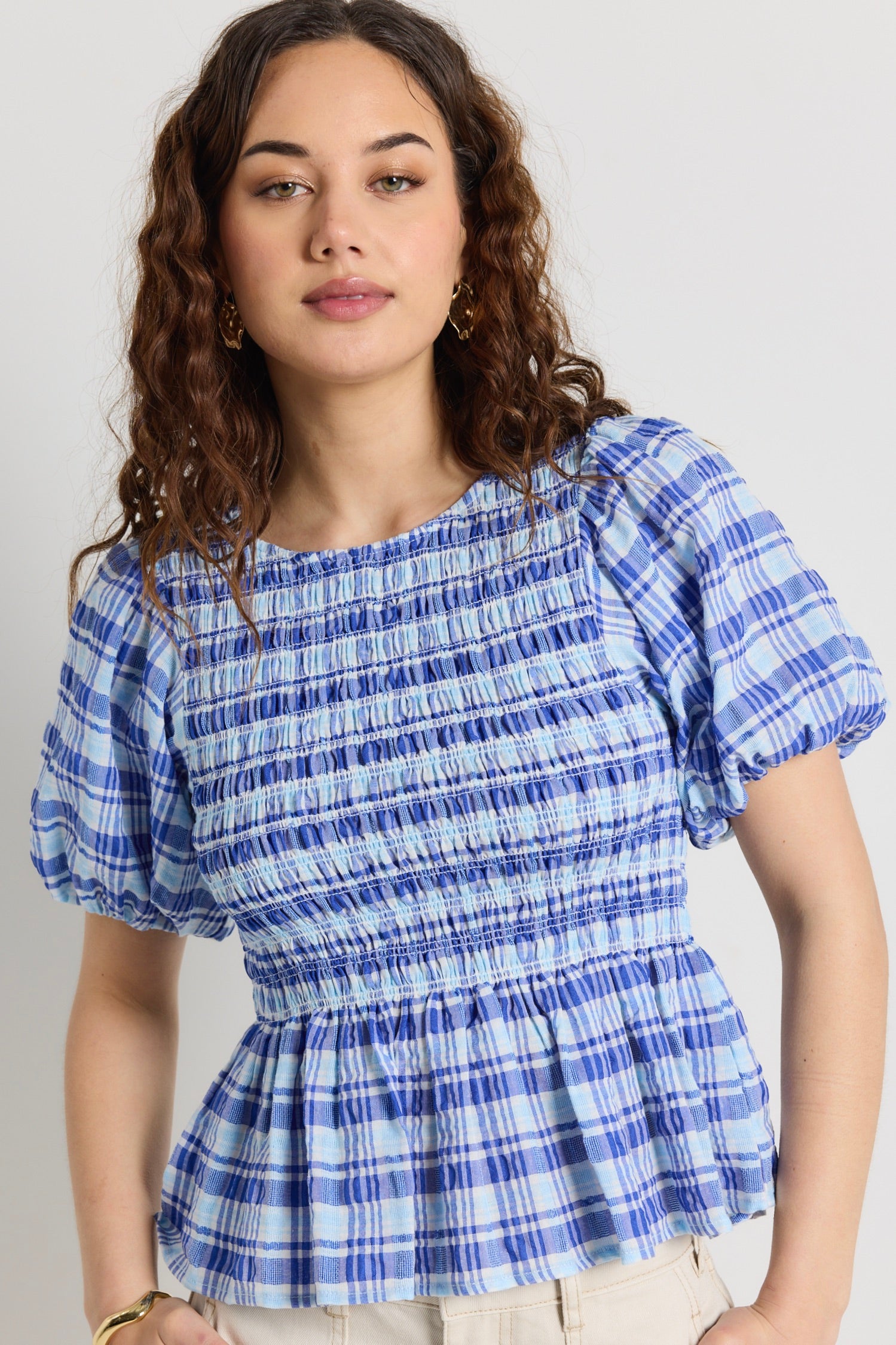 Beholden Blue Check Print Shirred Short Sleeve Blouse - Women's Casual Summer Tops for Beach, Vacation & Everyday Wear