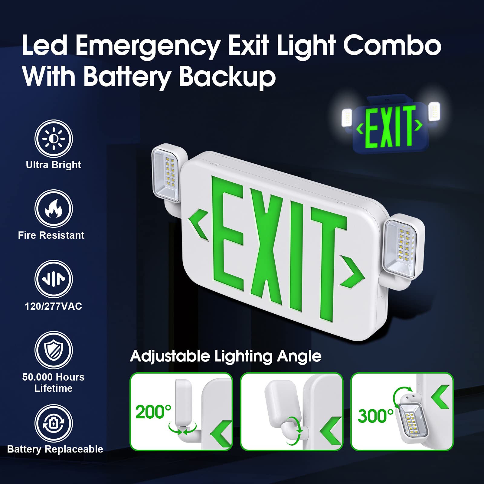 UL 924 Certified LED Emergency Exit Sign Light with Adjustable Heads & Backup Battery - 120/277V Green Commercial Exit Lighting (4-Pack) - Ideal for Offices, Warehouses, Schools and Public Buildings Safety Compliance