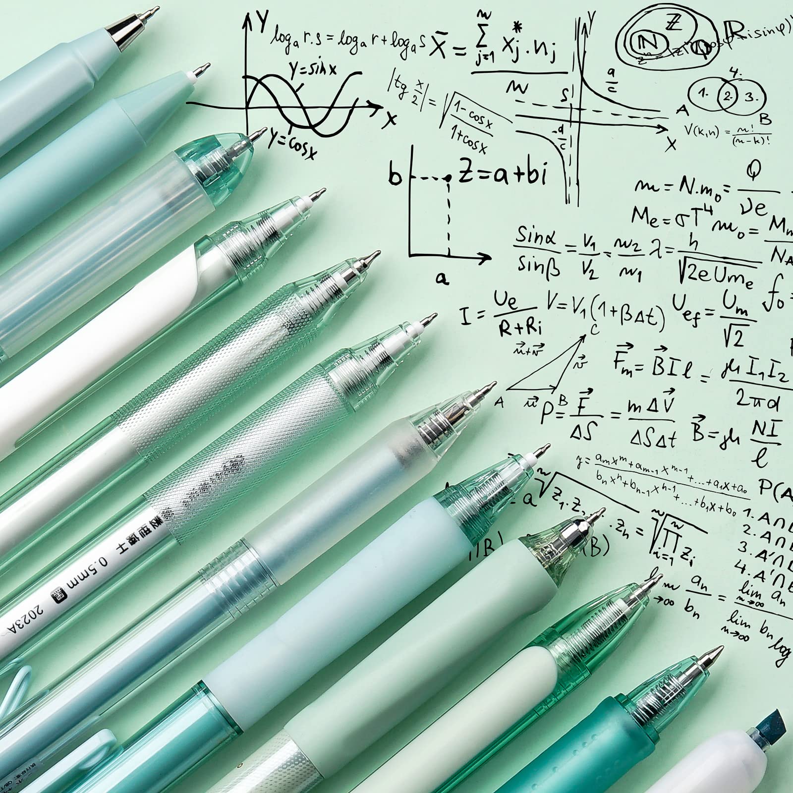 Pastel Gel Pens 12-Pack with Highlighter - 0.5mm Fine Point Retractable Pens for School, Office & Note Taking (Green)