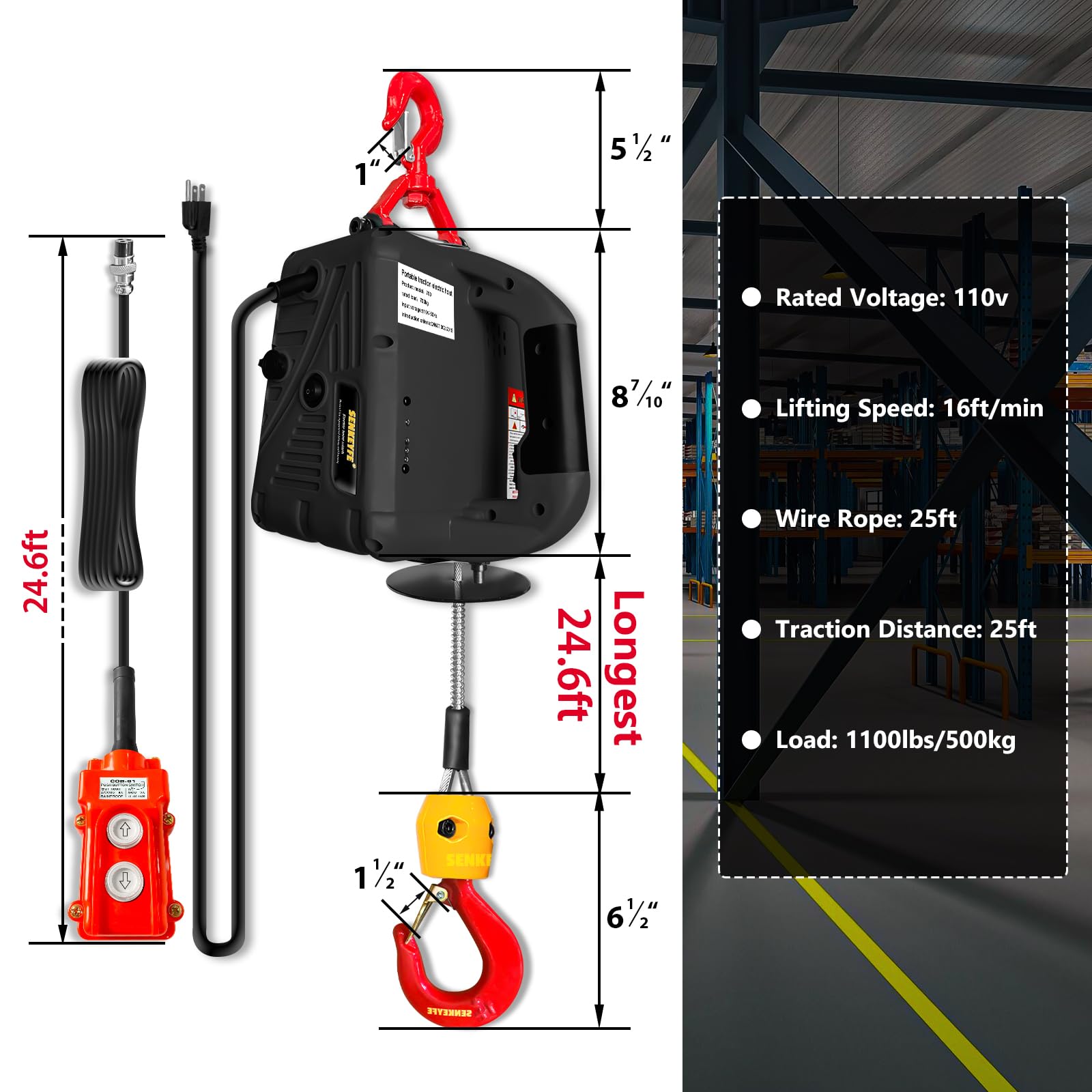 1100LBS Electric Hoist Winch - 3-in-1 Portable Lifting System with 25FT Cable & Strap - 110V Ceiling Winch for Towing, Garage, Warehouse & Construction Use