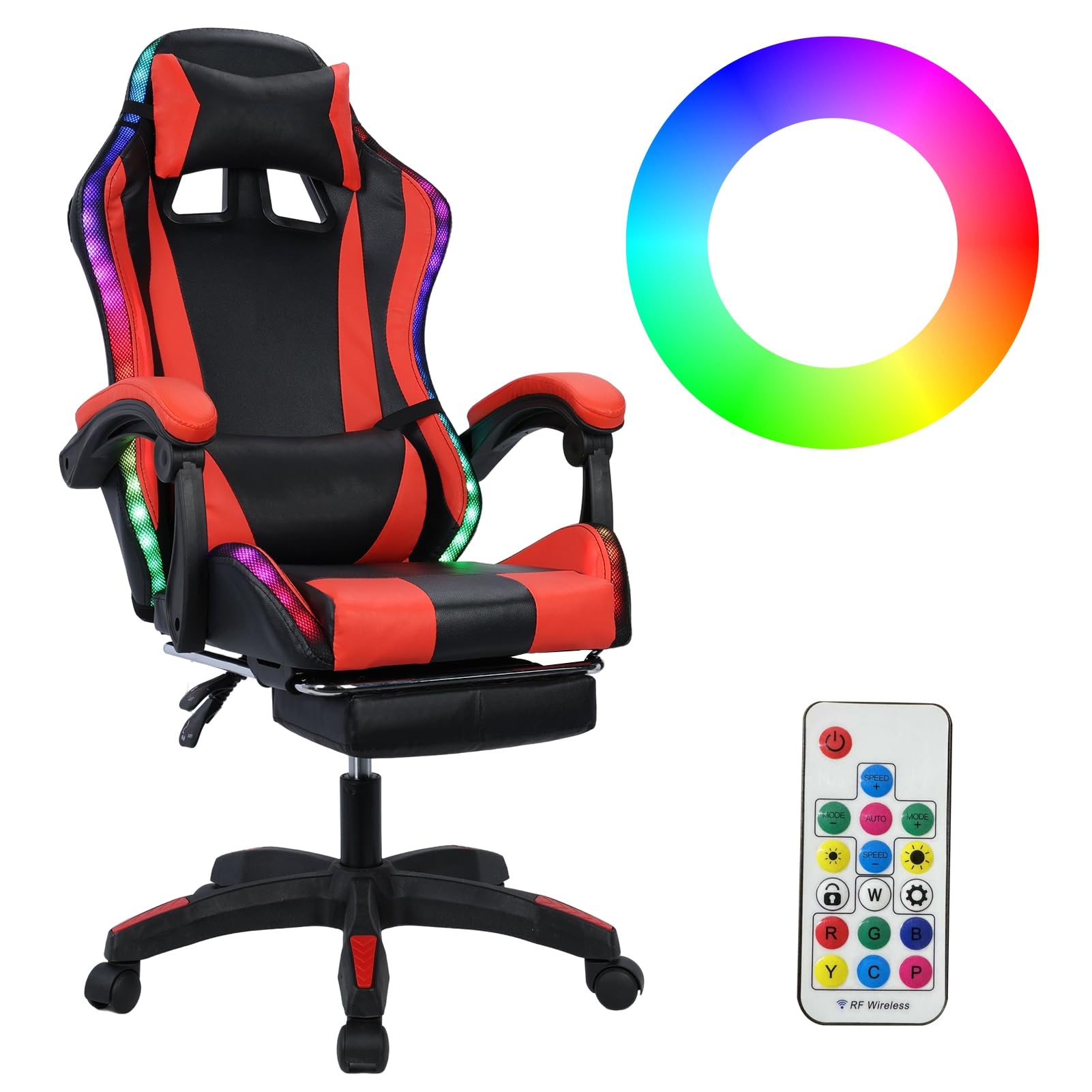 Premium Ergonomic Gaming Chair with Massage, Bluetooth Speakers & RGB LED Lights - Adjustable Height & Footrest - Black & Red - Perfect for PC Gaming, Streaming & Home Office Setup