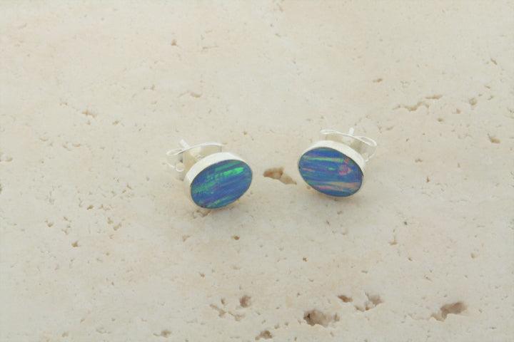 Opal Stud Earrings Oval Blue Rose Gemstone Jewelry for Women - Perfect for Weddings, Parties & Special Occasions