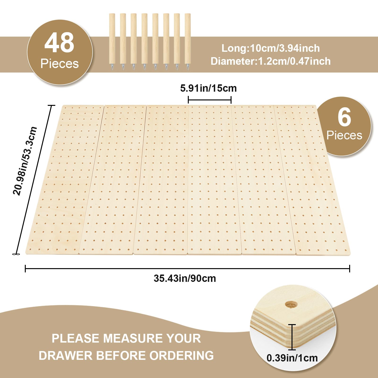 Kigley 6-Piece Wooden Pegboard Drawer Organizer Set with 48 Pegs - Kitchen Drawer Organizer for Dishes, Food Containers & Utensils (20.98