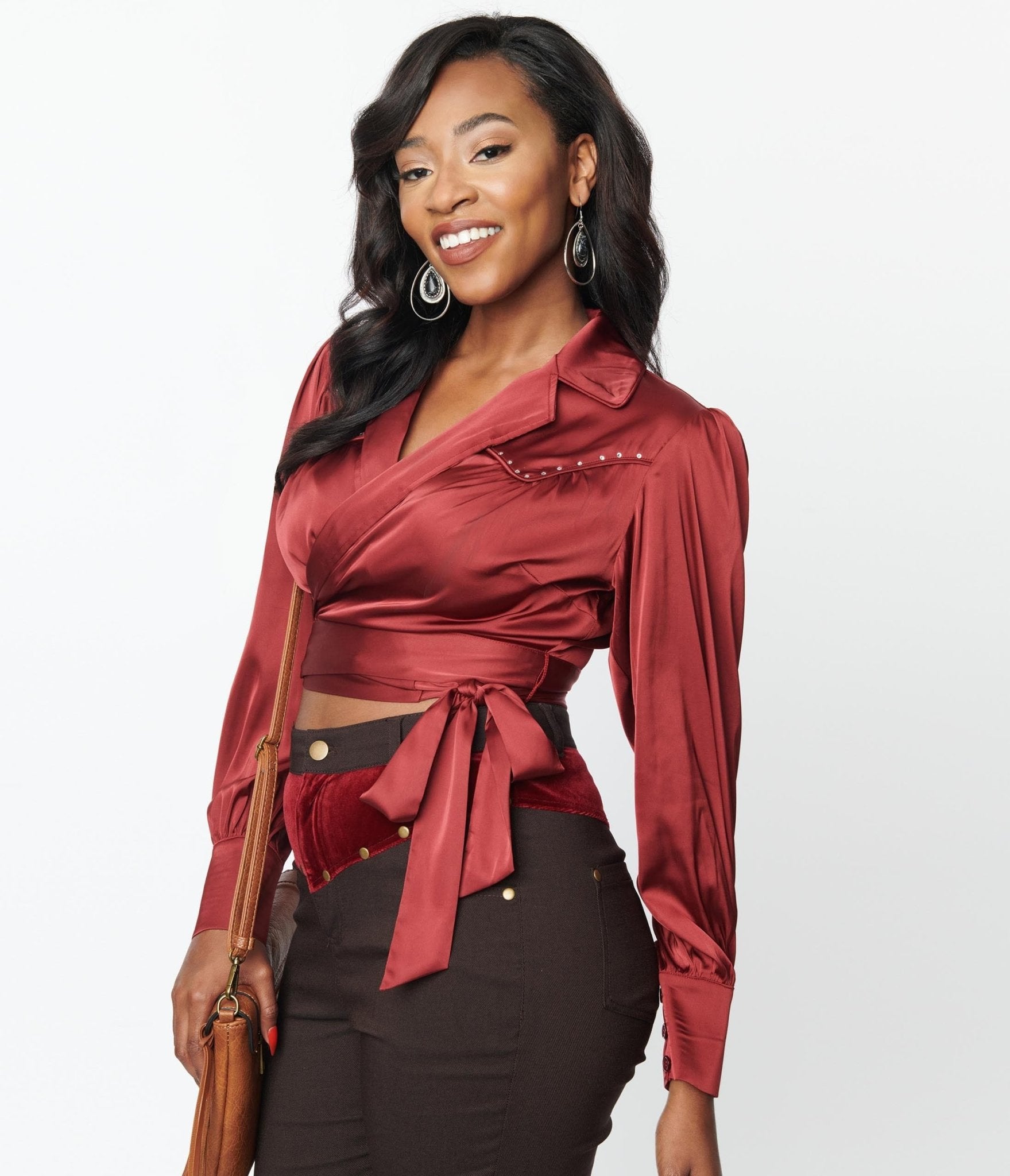 Vintage Burgundy Satin Western Wrap Crop Top - Women's Stylish Cowgirl Blouse for Country Concerts, Rodeo Nights & Western Fashion Outfits