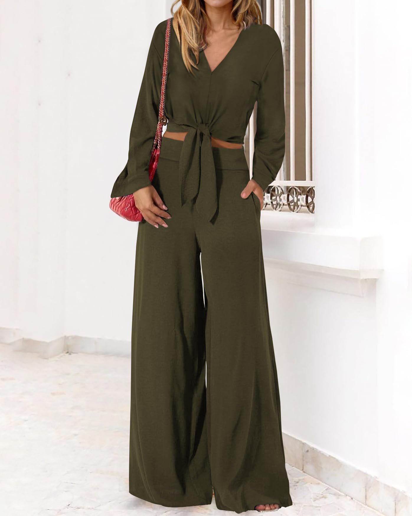 PRETTYGARDEN Women's 2 Piece Outfit Set - 2025 Spring Casual V Neck Long Sleeve Strappy Crop Top & Wide Leg Palazzo Pants | Perfect for Brunch, Shopping & Vacation Outfits