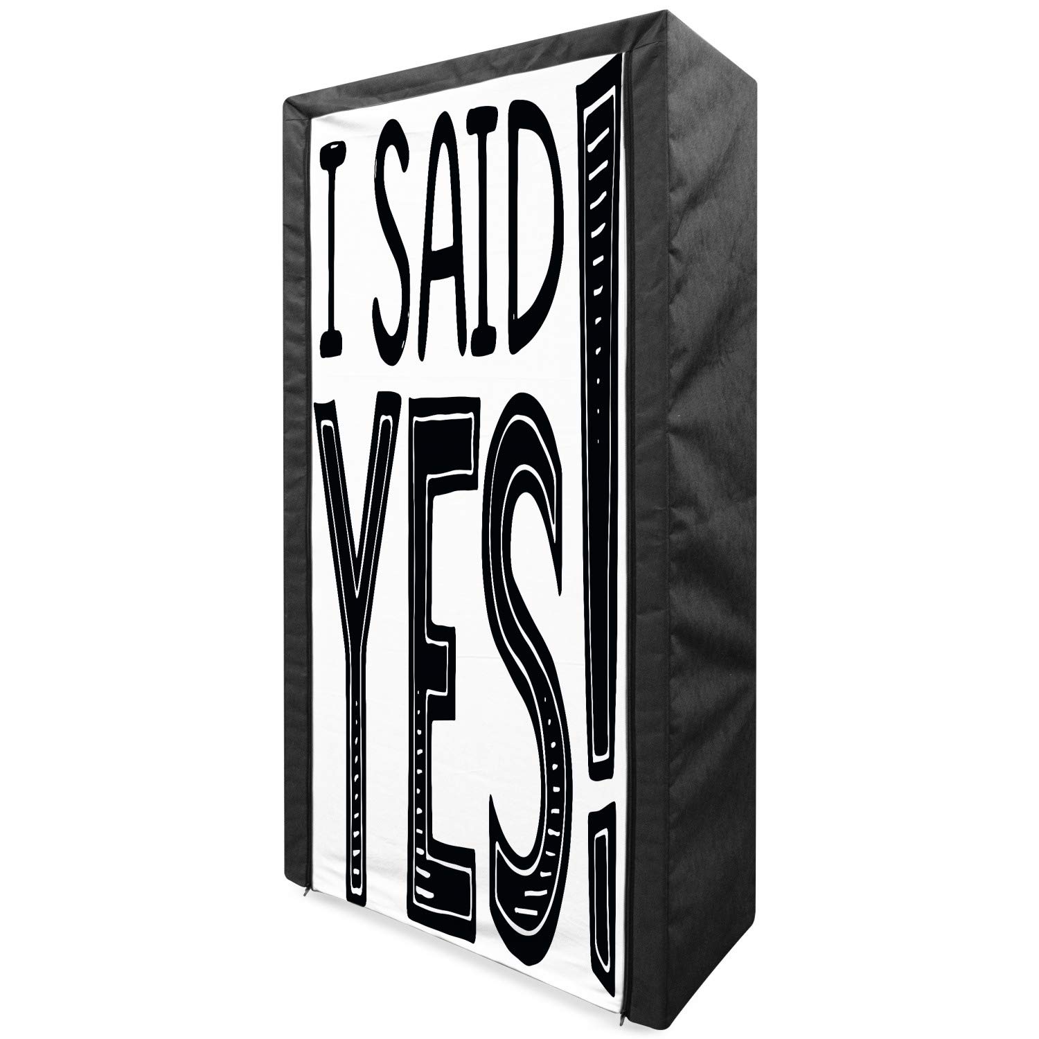 Ambesonne Portable Fabric Wardrobe - 'I Said Yes' Engagement Party Storage Closet with Shelves, 33.5 Inch Black & White Striped Design - Perfect for Wedding Announcements, Clothing Organization & Small Space Storage
