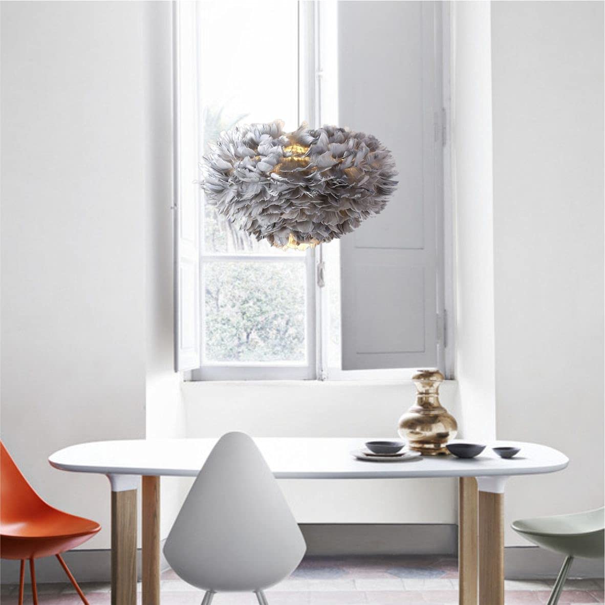 Modern Gray Feather Chandelier - LED Heart-Shaped Hanging Light with Adjustable Height, Warm White Lighting for Bedroom, Living Room, Bar & Dining Room Decoration | Romantic Doughnut Ceiling Pendant Lamp (Small Size)