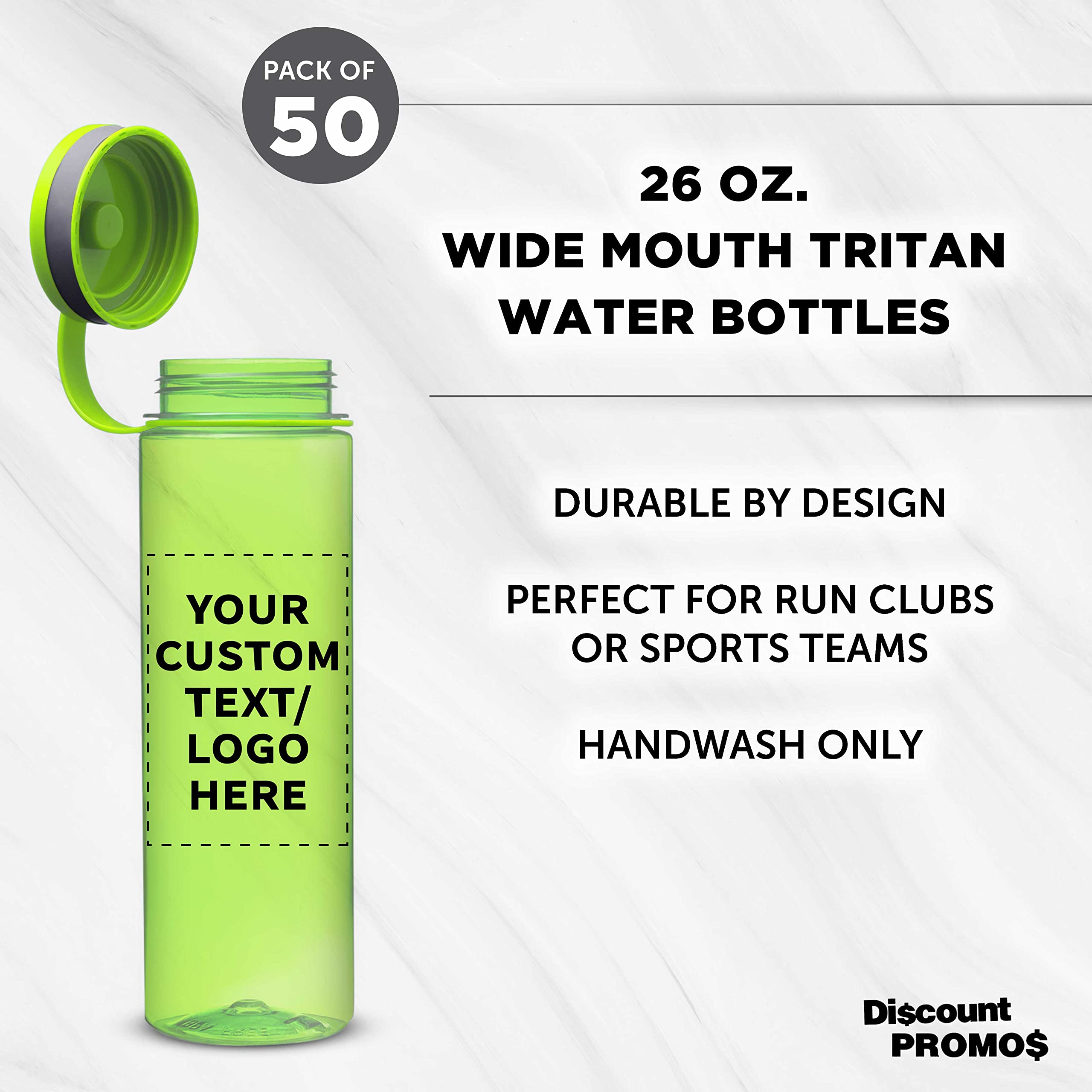 Custom 26 oz Wide Mouth Water Bottles - Bulk Pack of 50, BPA Free, Personalized (Lime Green) - Ideal for Gym, Camping, Backpacking, School & Office Hydration