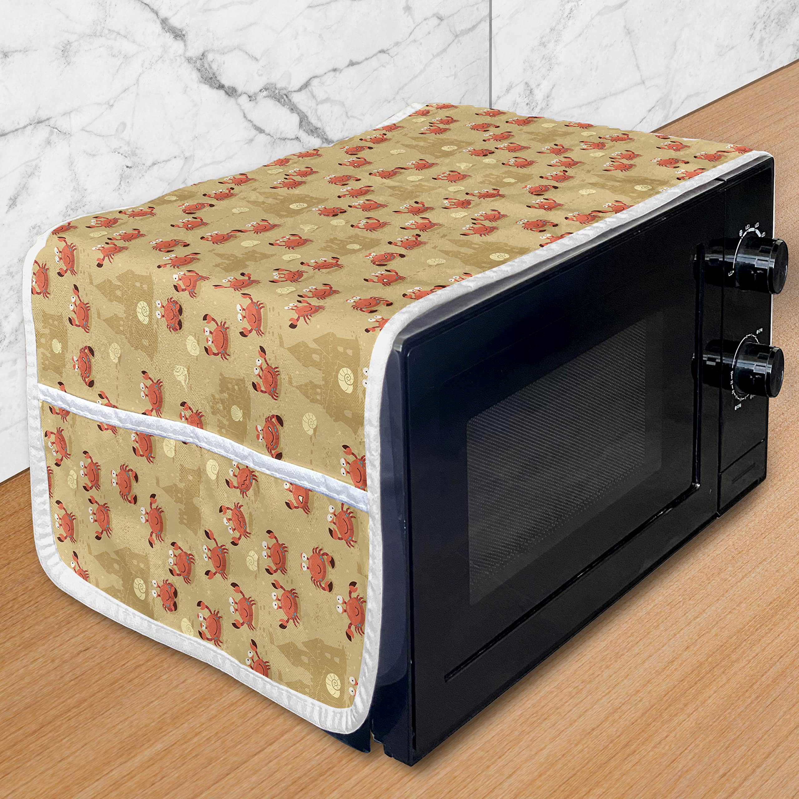 Ambesonne Summer Microwave Oven Cover - Cartoon Crabs & Sand Castles Themed Waterproof Kitchen Organizer with Pockets, 36