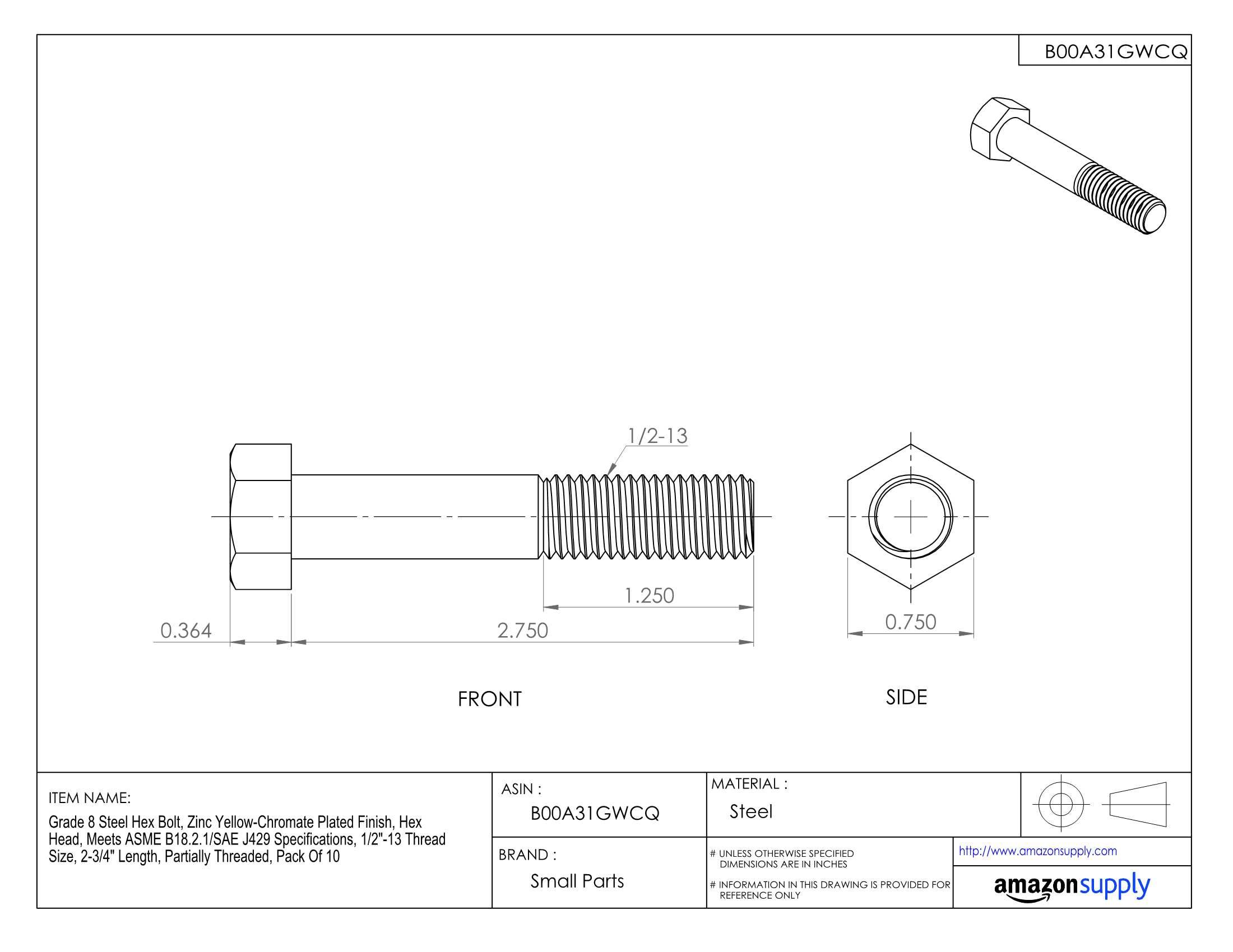 Grade 8 Steel Hex Bolt 1/2