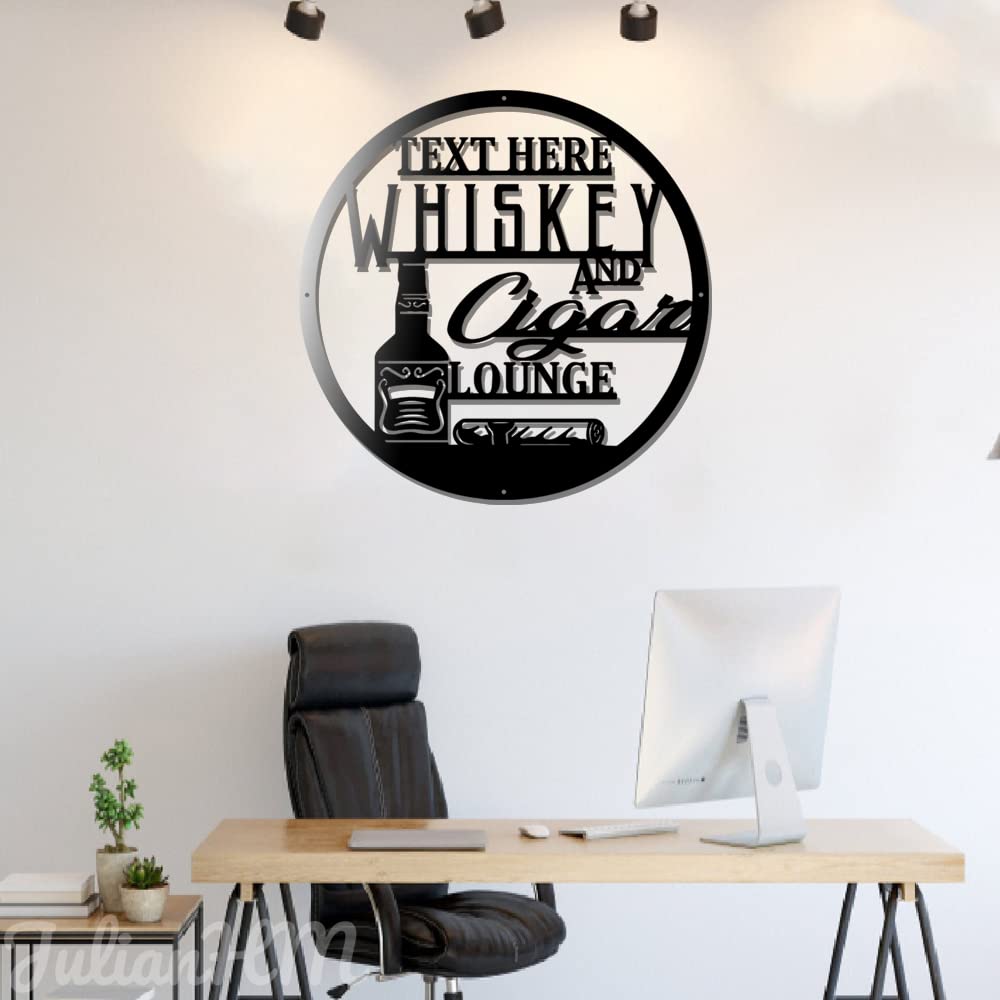 Personalized Whiskey & Cigar Lounge LED Metal Wall Art - Custom Bar Name Sign with Lights (24x24 Inches) - Perfect for Home Bar Decor, Man Cave, and Smoking Room Ambiance