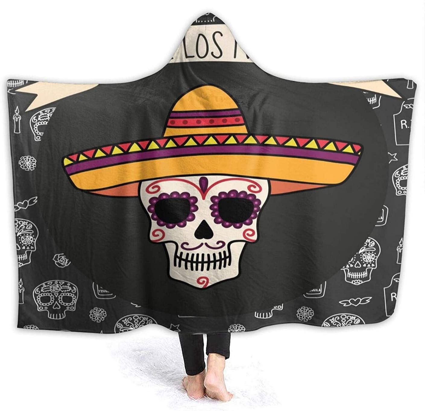 Skull Print Hooded Fleece Blanket - Soft Warm Wearable Throw with Halloween Skull & Tombstone Design for Couch, Sofa, Bed - 60x50 Inches - Perfect for Movie Nights, Camping & Cozy Winter Evenings