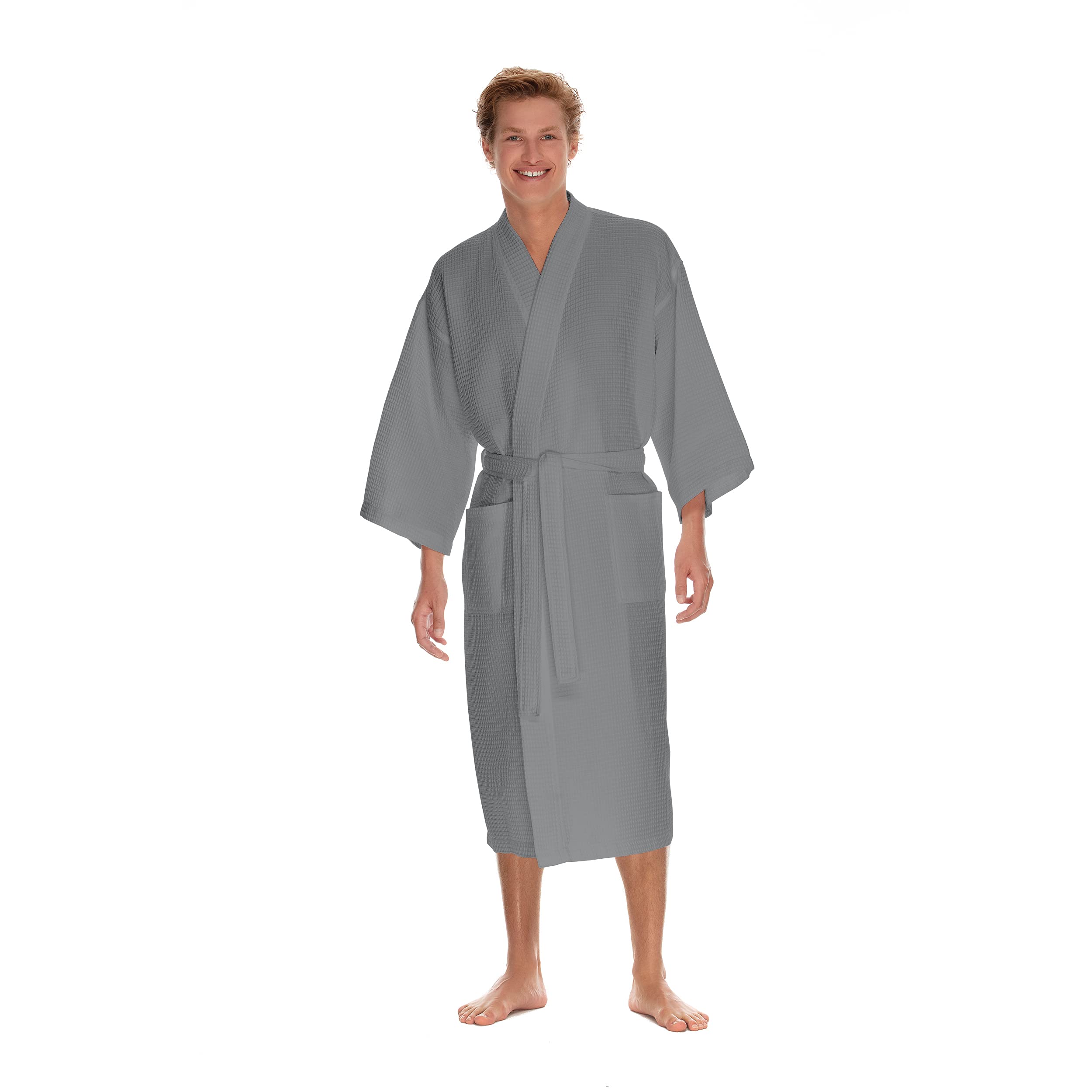 BOCA TERRY Men's Waffle Knit Spa Robe - Lightweight Long Cotton Kimono Bathrobe for Hotel & Home Use - Perfect for Lounging, Spa Days and Relaxation