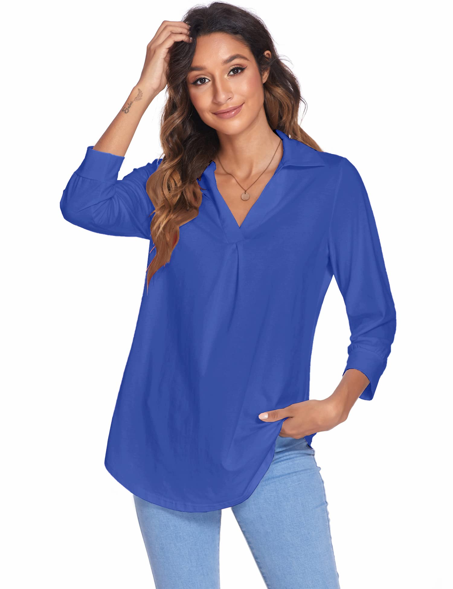 Newchoice Women's Collared V-Neck 3/4 Sleeve Blouse - Business Casual Loose Fit Tops for Work & Office (Sizes S-3XL) | Perfect for Office Wear, Business Meetings & Professional Outfits