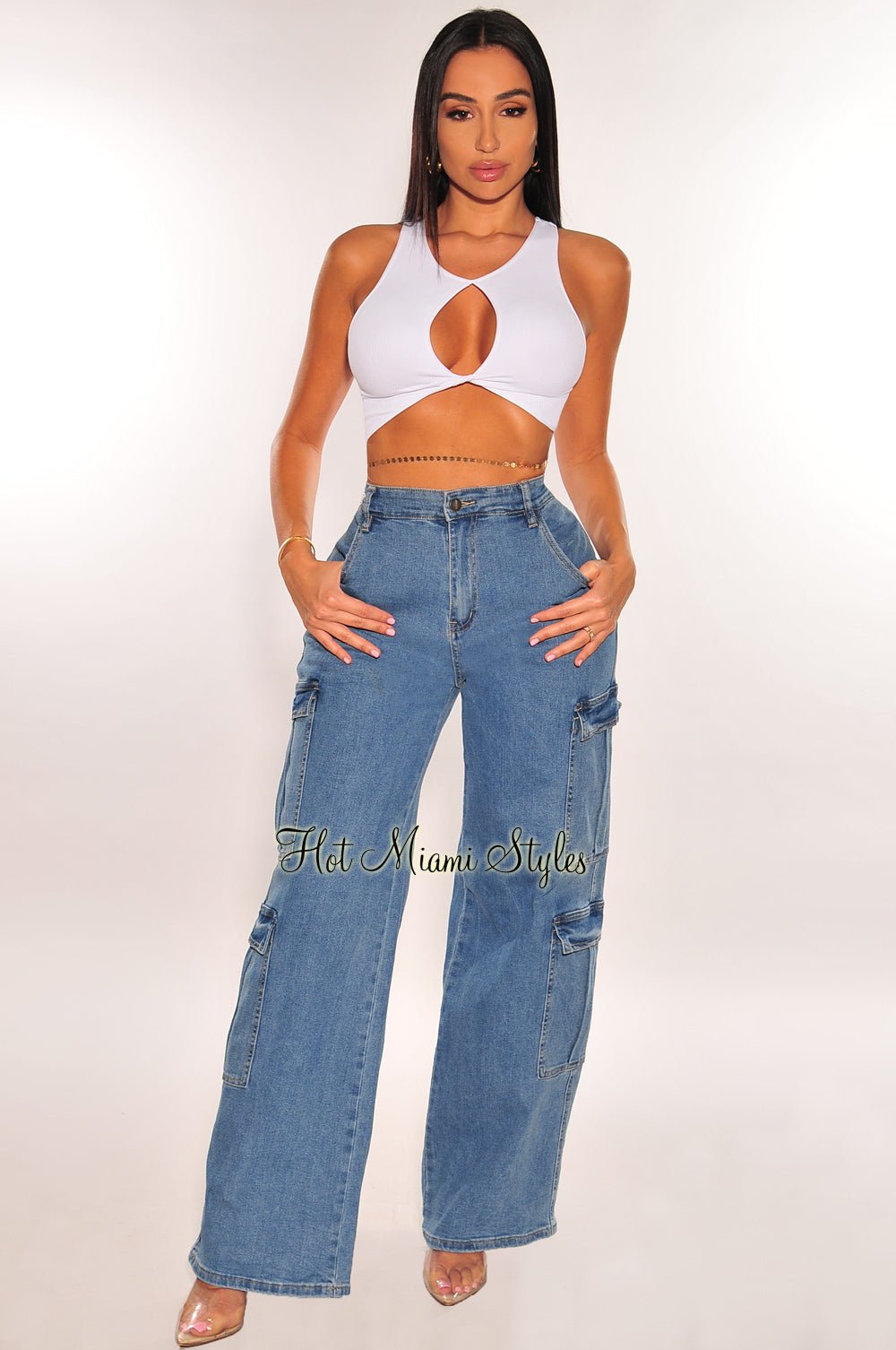 Stylish High Waist Denim Cargo Pants for Women - Wide Leg Comfortable Jeans with Pockets | Perfect for Casual Wear, Street Style & Everyday Outfits