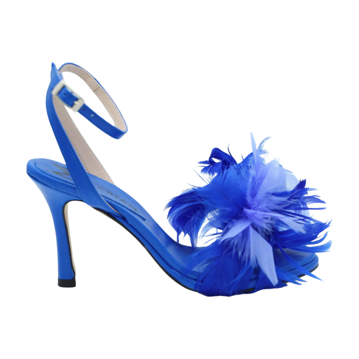 MARIAN Royal Blue Heeled Sandals with Feathers - Women's Elegant Evening Party Shoes for Weddings, Prom, and Special Occasions