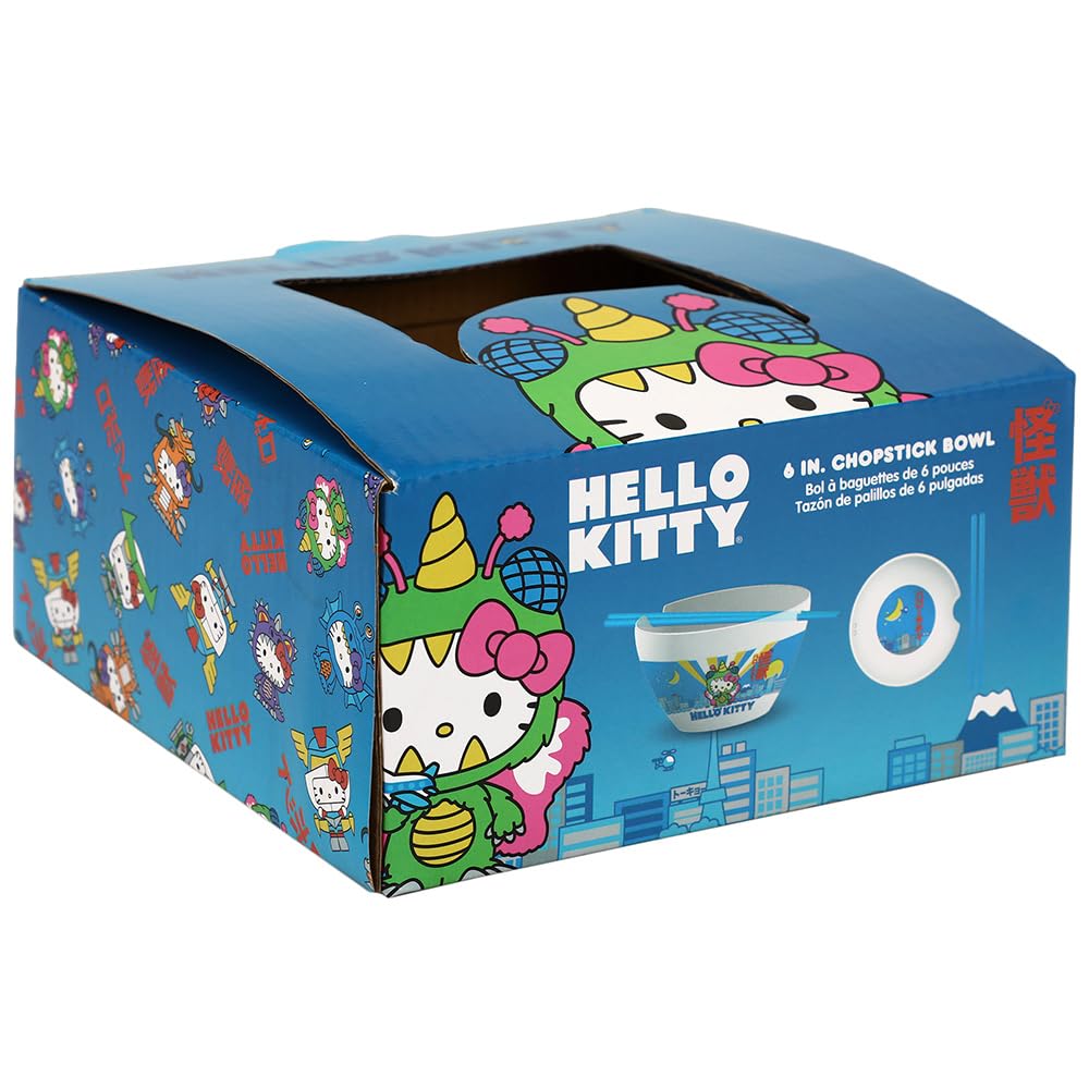 Hello Kitty Kaiju Ceramic 20 oz Ramen Bowl with Chopsticks - Cute Japanese Anime Themed Soup Noodle Bowl for Home Dining, Gift & Collectible - Perfect for Ramen, Udon, Pho & Asian Cuisine