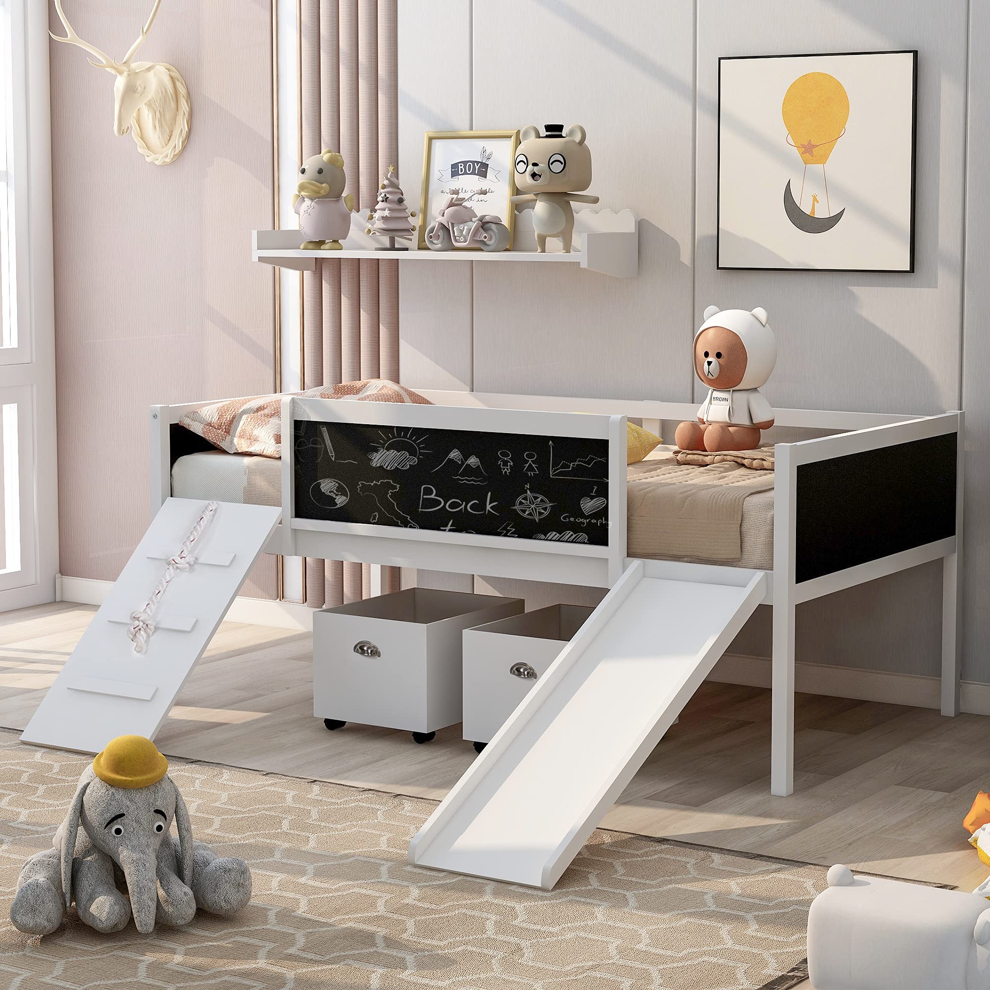 Rhomtree Solid Wood Twin-Size Low Loft Bed Frame with 2 Storage Drawers, Slide & Climbing Ladder - Space-Saving Kids Furniture for Small Bedrooms (White)