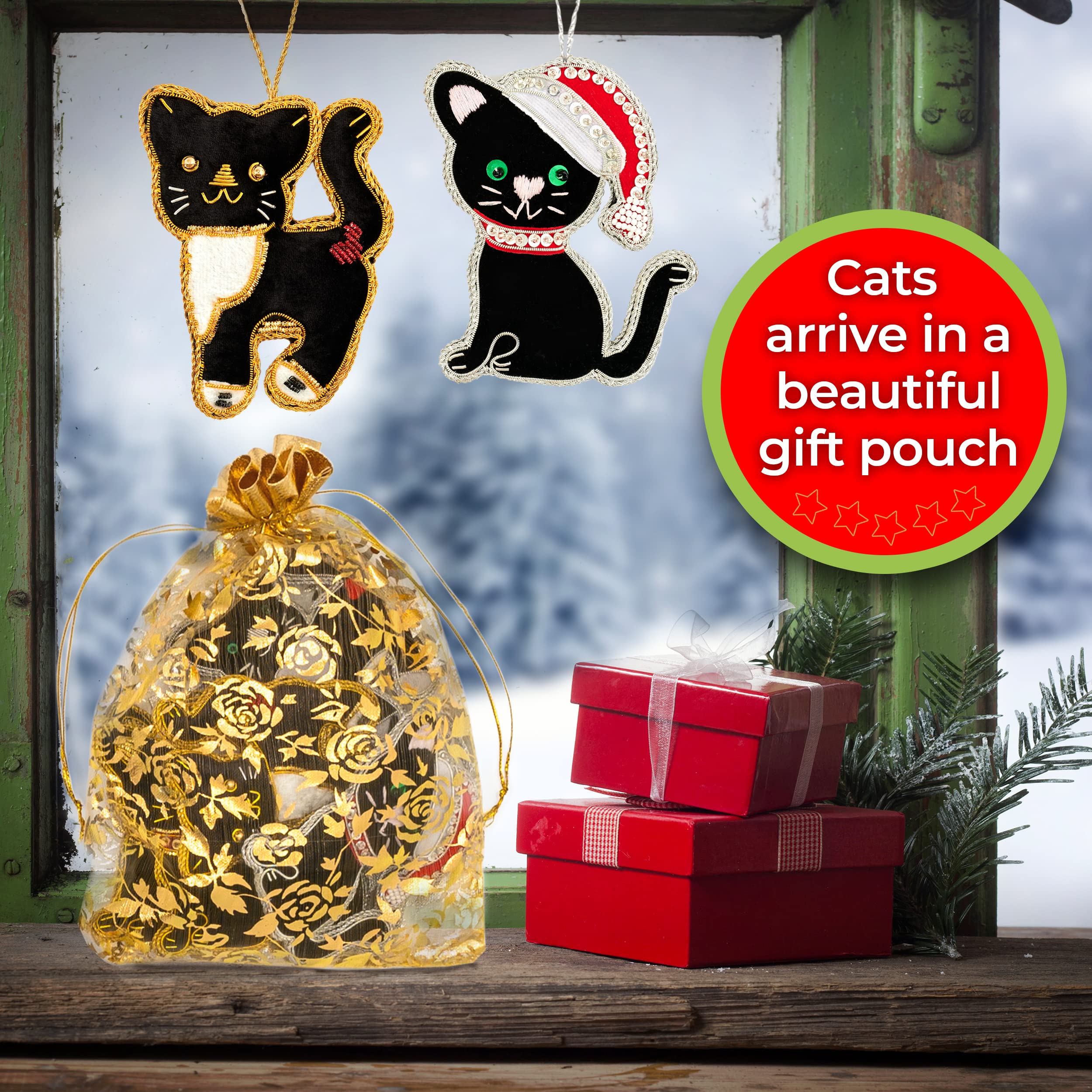 Handmade Black Cat Christmas Ornaments Set of 6 - Unique Cat Lover Gifts for Holiday Tree Decorations - Perfect for Christmas Decor, Cat Themed Parties & Festive Home Decorating