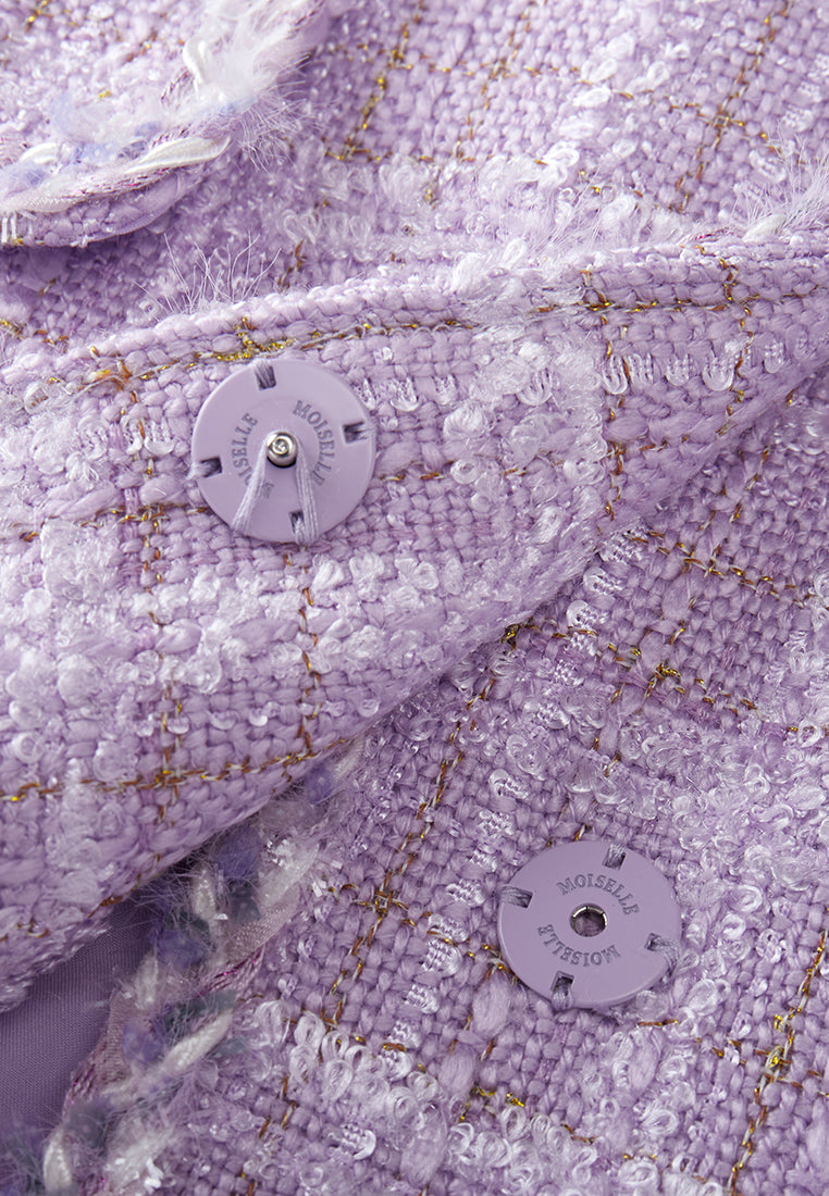 Stylish Violet Checked Tweed Flap Pocket Jacket for Women - Perfect for Office Wear, Fall Fashion & Casual Outfits