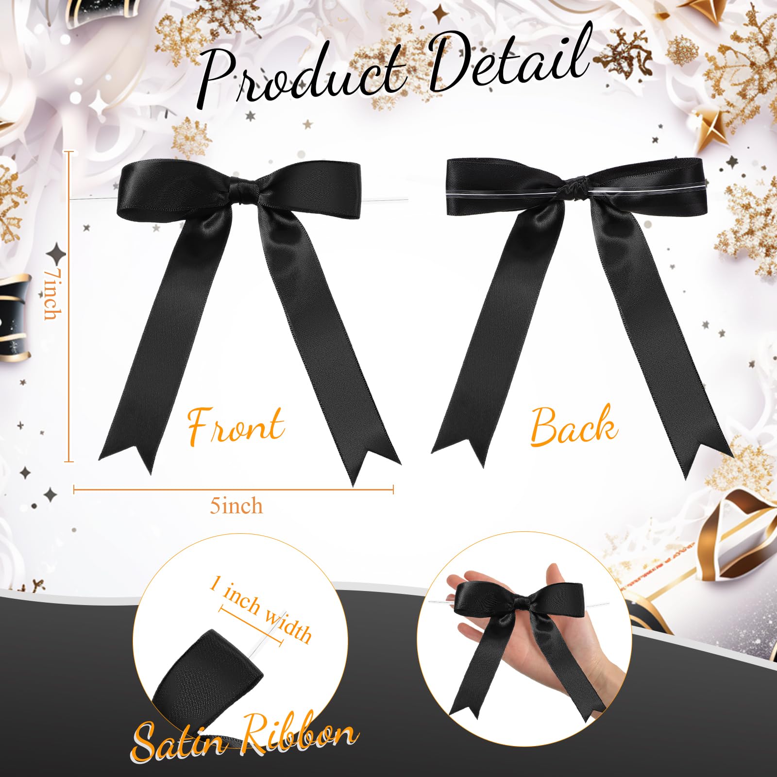 50 Pcs Large 5x7 Inch Satin Ribbon Bows for Gift Wrapping - Twist Tie Bows for Champagne Bottles, Cake Decorating, Treat Bags, DIY Crafts, Wedding, Baby Shower, Bridal Shower, Christmas & Birthday Party Decorations (Black) | Elegant Gift Packaging Accessories for Special Occasions