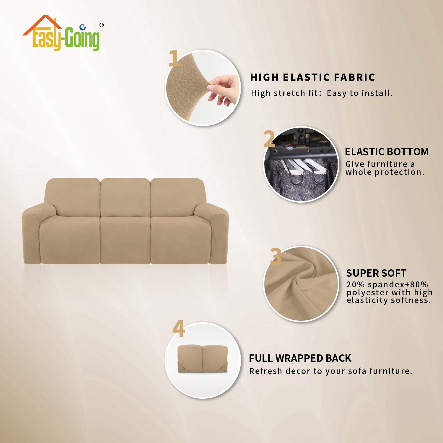 8-Piece Microfiber Stretch Sectional Recliner Sofa Slipcover - Soft Fitted Fleece 3-Seat Couch Cover - Washable Furniture Protector with Elastic Edges for Kids & Pets - Pale Yellow - Perfect for Living Room, Family Room & Home Theater Comfort