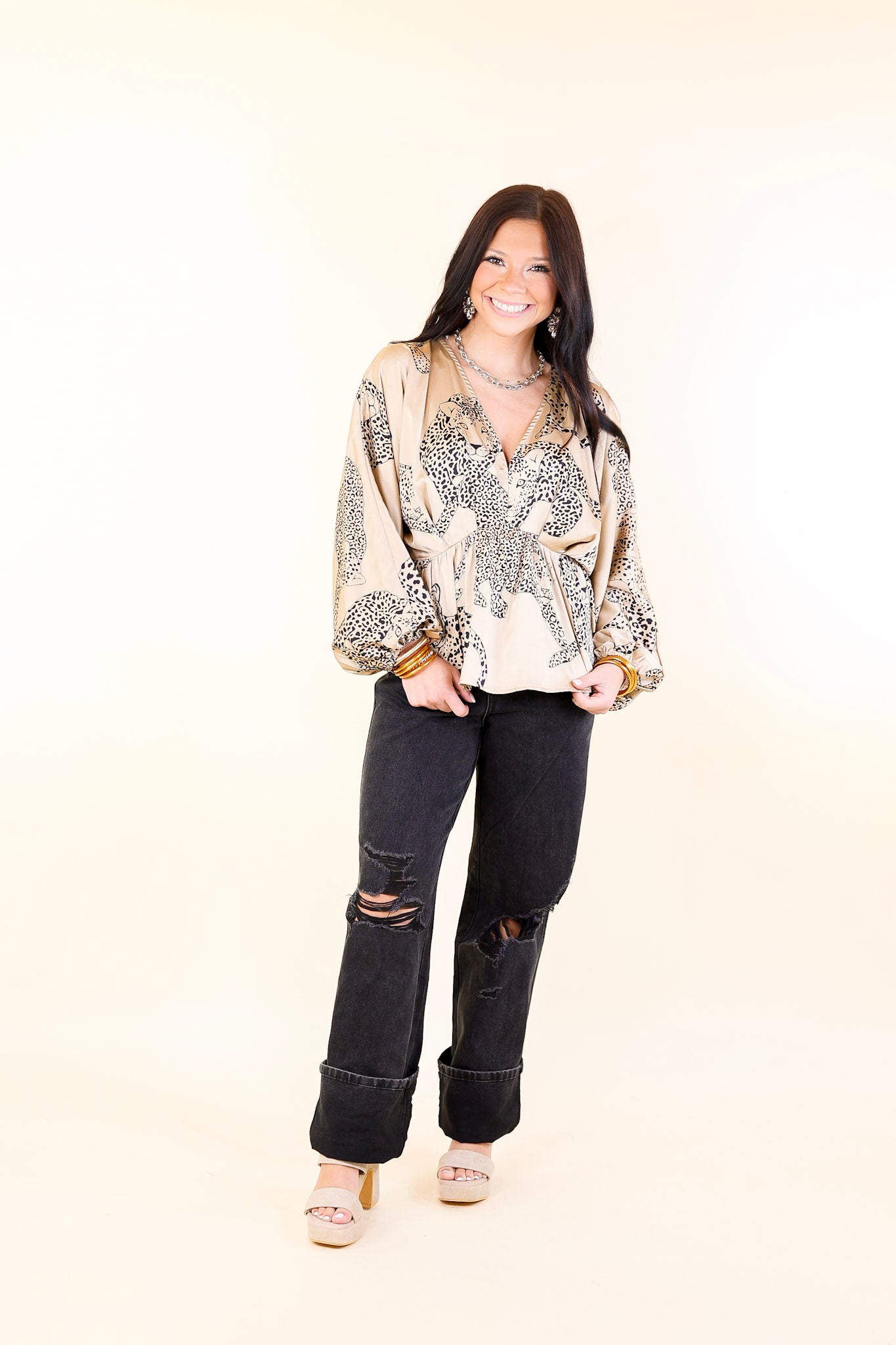 Central Ave Sweetness Leopard Print Peplum Top in Tan - Stylish Women's Blouse for Casual Outings, Date Nights & Office Wear