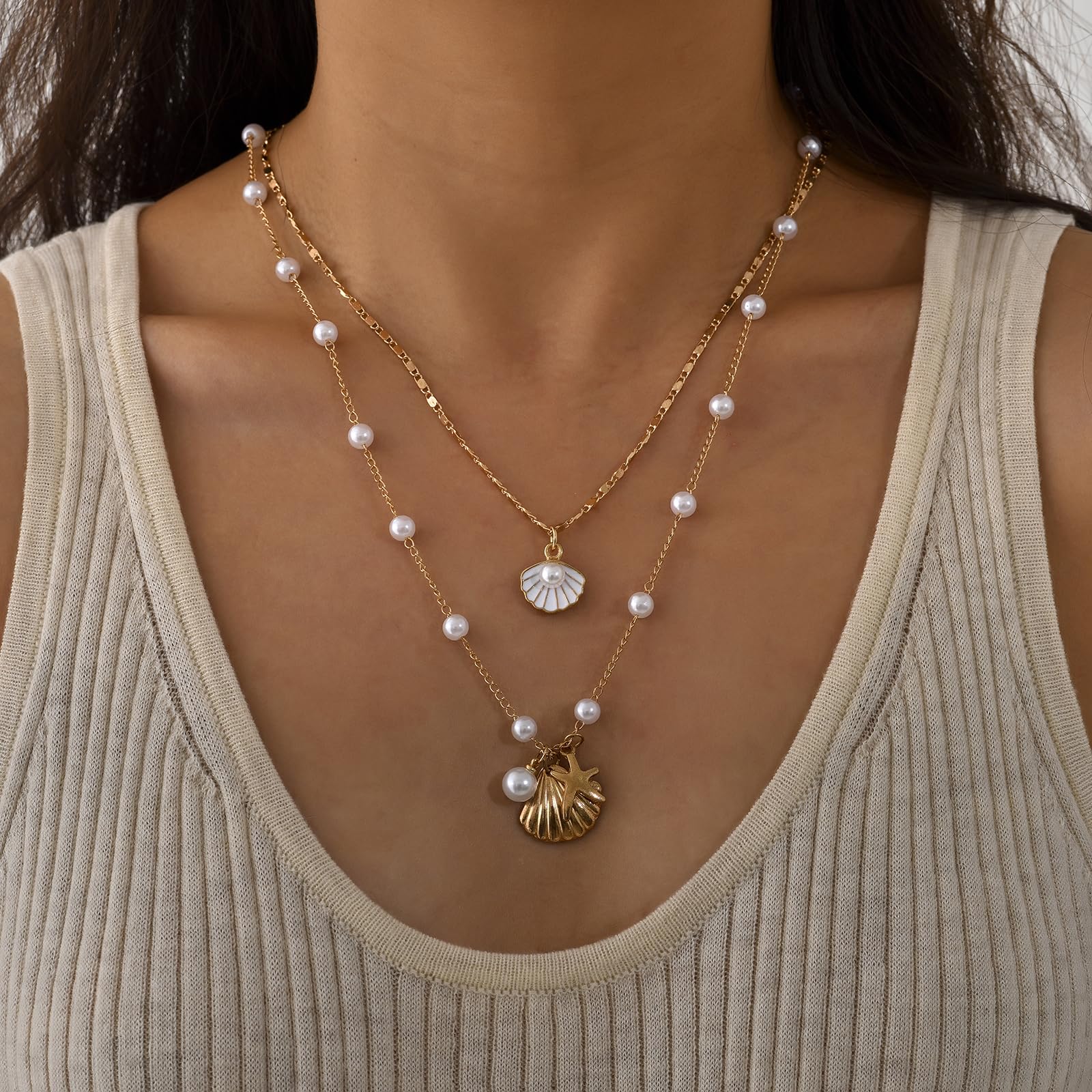 Bohemian Layered Shell Necklace for Women - Pearl, Starfish & Seashell Pendant Choker - Beach Jewelry Gift for Summer Vacation, Bridal Shower, Bachelorette Party & Coastal Fashion Accessory