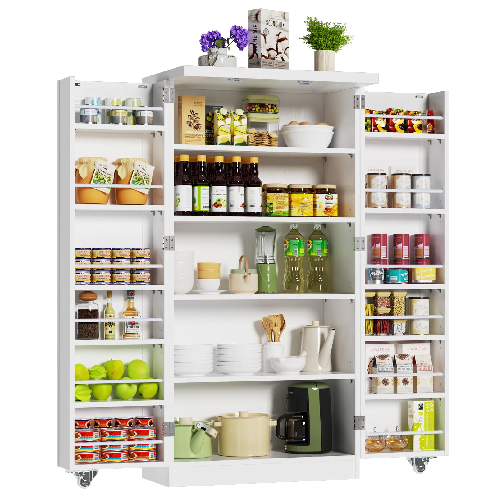 ROOMTEC 47” White Freestanding Kitchen Pantry Cabinet with Adjustable Shelves & Doors, Stylish Buffet Cupboard Sideboard for Kitchen, Living Room, Dining Room Storage & Organization