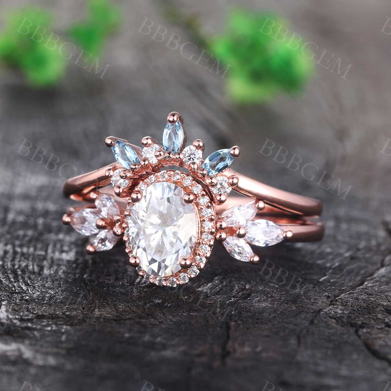 Vintage Oval Cut Moissanite Engagement Ring Set with Blue Topaz - Elegant Wedding Band for Women - Perfect for Proposals, Anniversaries & Special Occasions