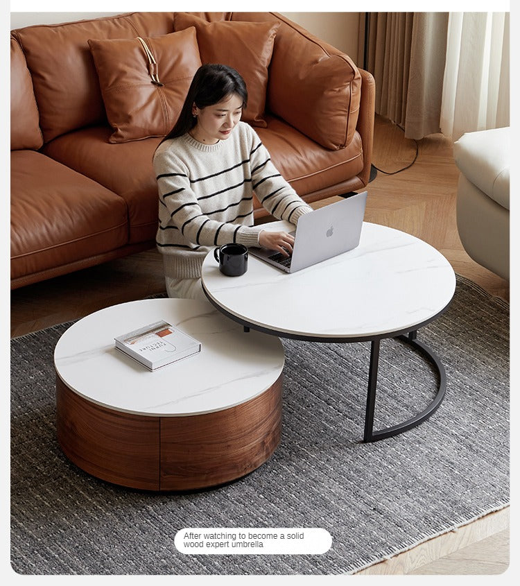 Premium Black Walnut Solid Wood Round Coffee Table - Modern Luxury Rock Plate Design for Living Room, Lounge & Office Decor